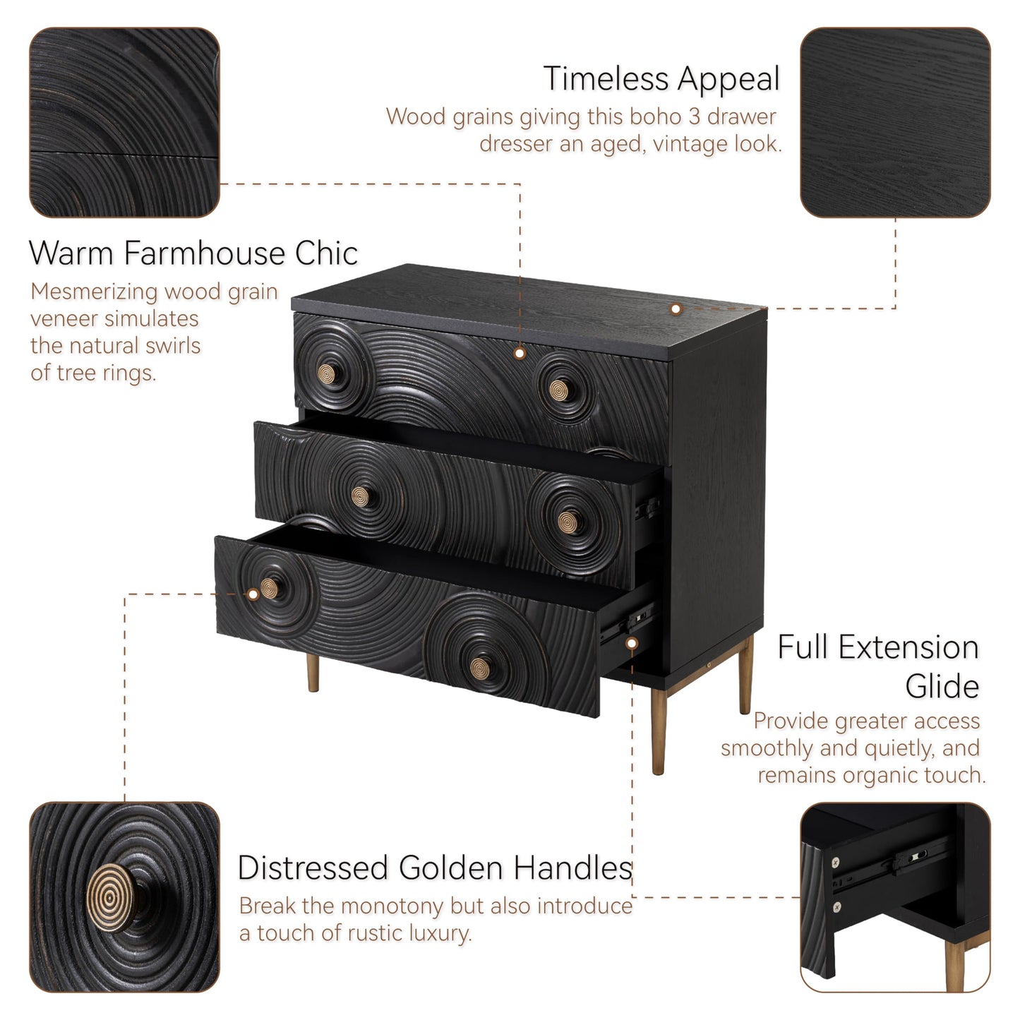 Aoikax Farmhouse 3 Drawer Dresser with Ring Motif, Disstressed Boho Nightstand for Bedroom, Entryway, French Country, Embossed, Black & Gold