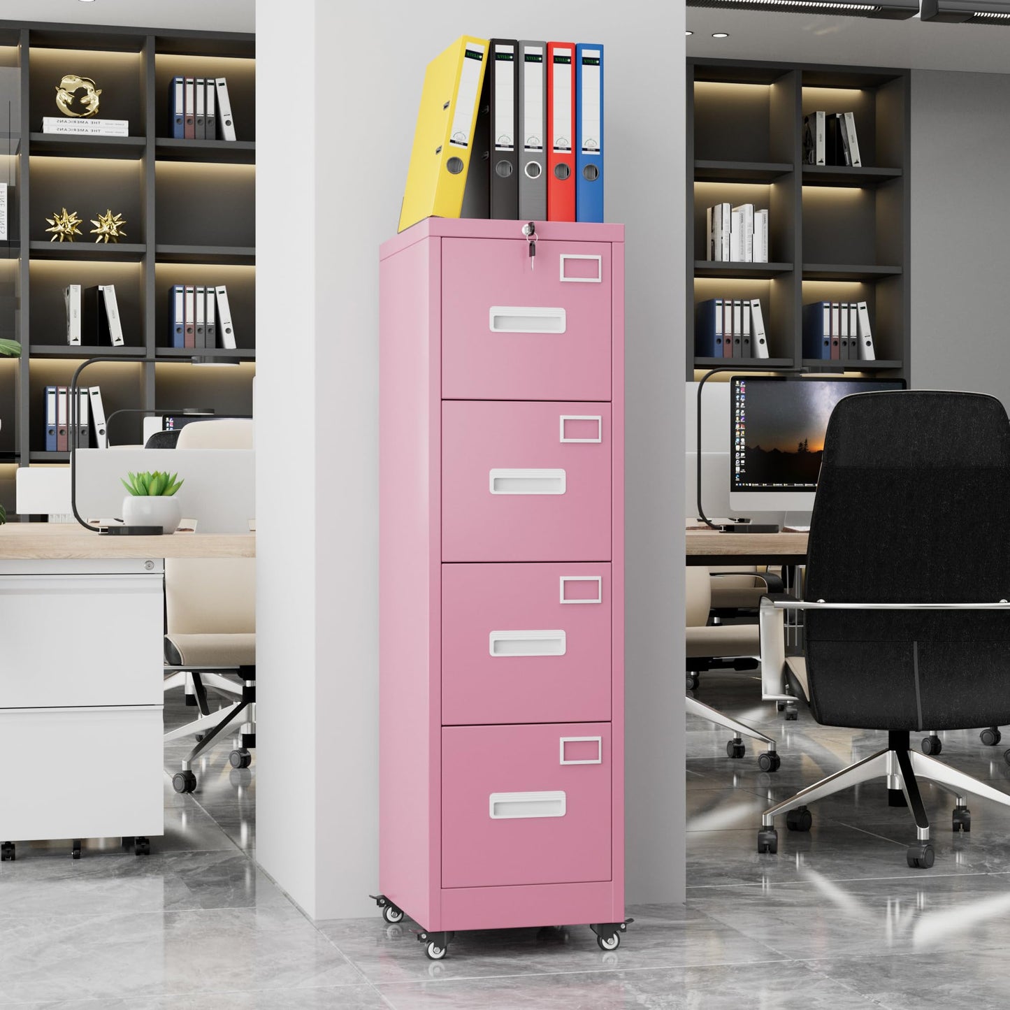 Aobabo File Cabinet 4 Drawer with Wheels, Lockable Office Metal Filing Cabinet with Name Card for Office and Home,Assembly Required,Pink