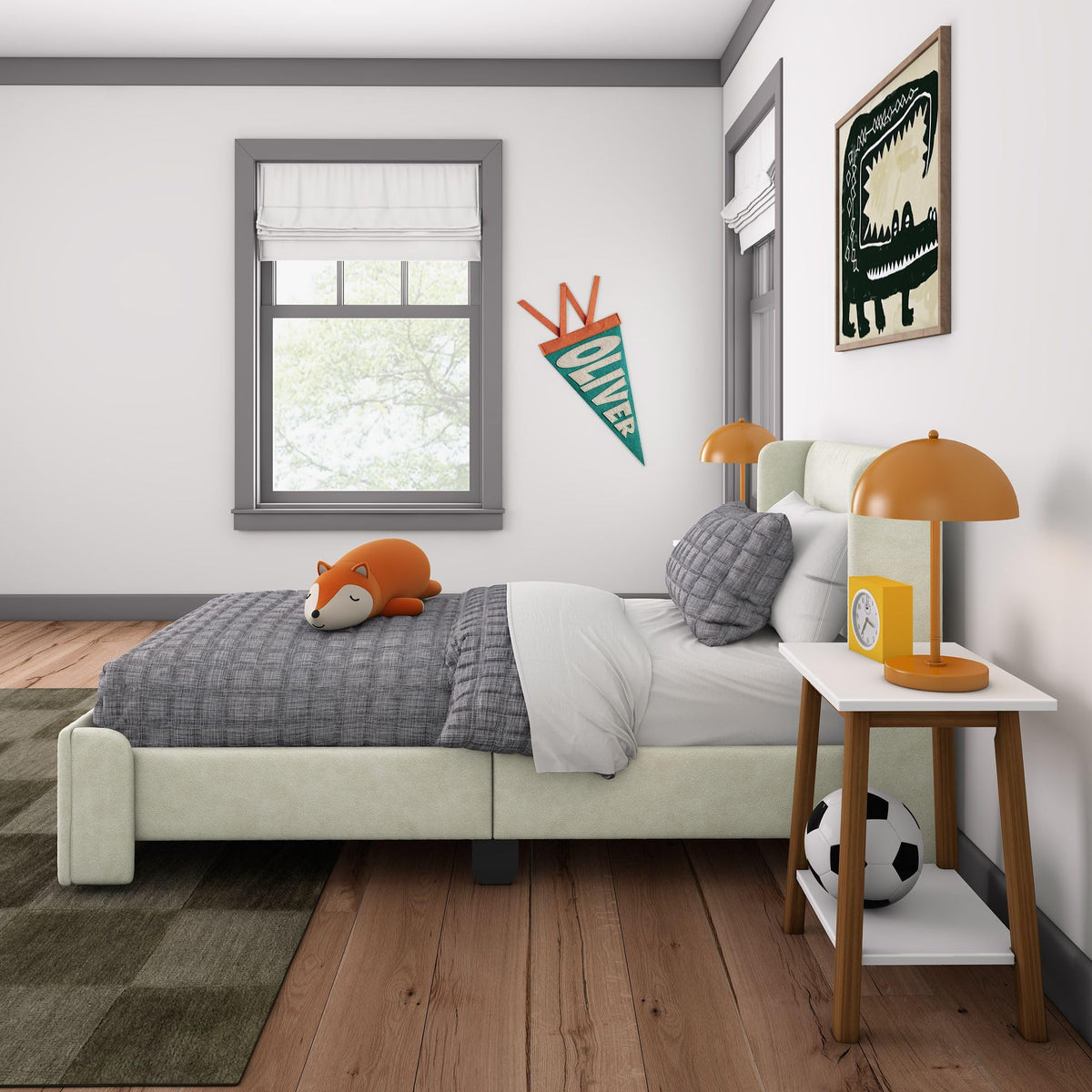 Max & Lily Upholstered Twin Bed Frame with Rectangular Headboard, Upholstered Platform Bed for Kids, No Box Spring Needed, Easy Assembly, Cream