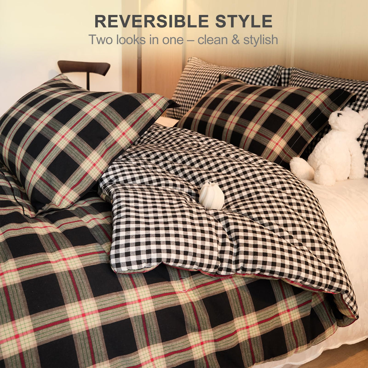 hadamick 100% Cotton Comforter Set Twin Size – Reversible Yarn-Dyed Checkered Design, Soft Washed Cotton on Both Sides, Lightweight All-Season Bedding, Machine Washable(Black Red Plaid, 68”x90”)