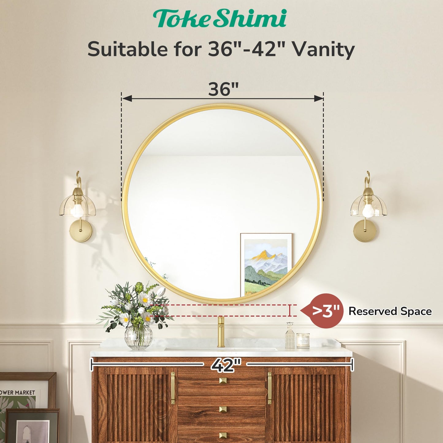 TokeShimi 36 in Mirror Round Framed Gold Mirror Bathroom Tempered, Shatterproof Mirror Circle 36x36 Farmhouse Aluminum Big Wall Mirrored for Bedroom, Entryway, Restroom, Vanity, Living Room