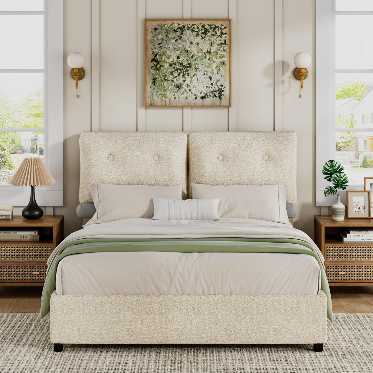 Full Size Bed Frame, Boucle Upholstered Platform Bed Frame with Soft Headboard, Sofa-Style Cushions, Wooden Slats Support, Low Profile Bed Frame, No Box Spring Needed, Easy Assembly, Cream