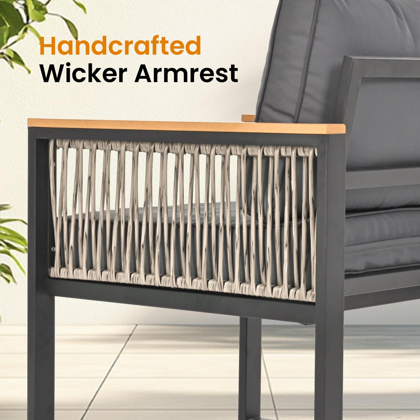 Pamapic 4 Pieces Outdoor Patio Furniture Set with Wicker Handrails, Plastic-Wood Balcony Furniture with Wicker Arm Panel, All-Weather Metal Patio Conversation Sets with Cushion and Coffee Table