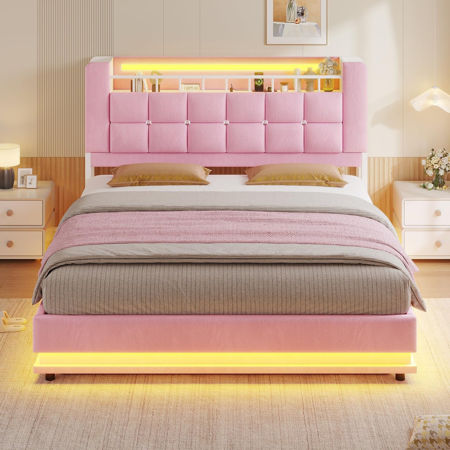 ADORNEVE Queen Size Lift Up Storage Bed with LED Lights & Storage Bookcase Headboard, Velvet Upholstered Platform Bed for Girls, Queen Bed Frame with Charging Station,Hydraulic Lift System, Pink