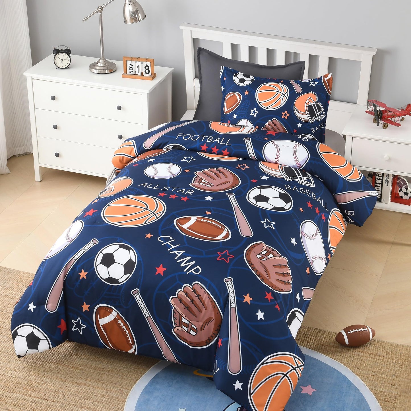 Andency Cartoon Ball Games Comforter Twin(66x90 Inch), 2 Pieces(1 Comforter, 1 Pillowcase) Soccer Basketball Baseball Football Comforter Set Sport Microfiber Bedding Set for Boys Girls Kids Teens