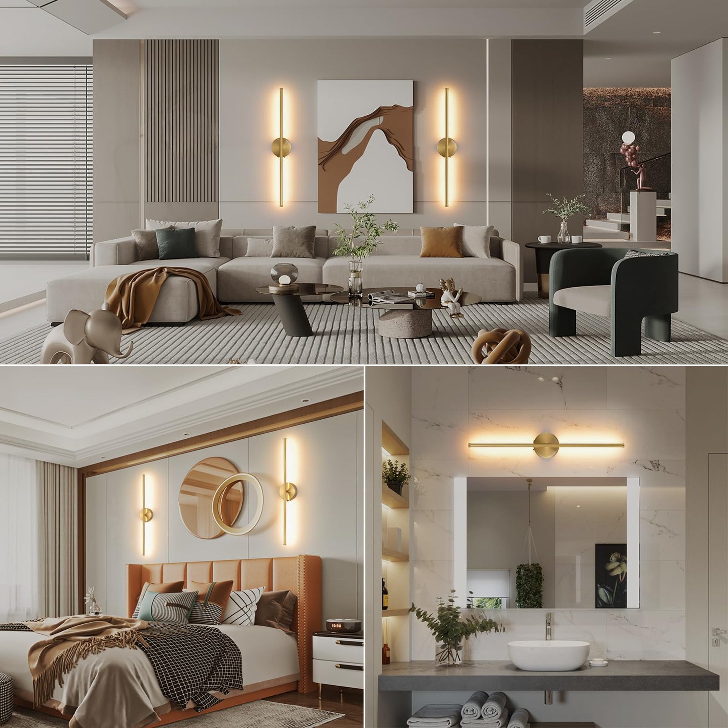 Povectolay Wall Sconces Battery Operated Set of Two, Gold LED Wireless Wall Sconce with Remote Control 350° Rotate, 27.6 Inch Dimmable USB Rechargeable Wall Lights for Living Room Bedroom Hallway