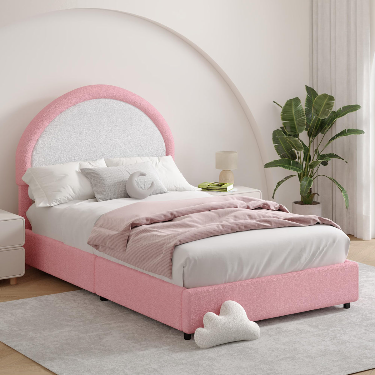 REVOMINCA Twin Boucle Bed Frame, Boucle Upholstered Platform Bed Twin Size with Headboard, Pink Bed Frame for Girls Kids, Low Profile Bed, Rounded Corners, No Box Spring Needed, Pink and White