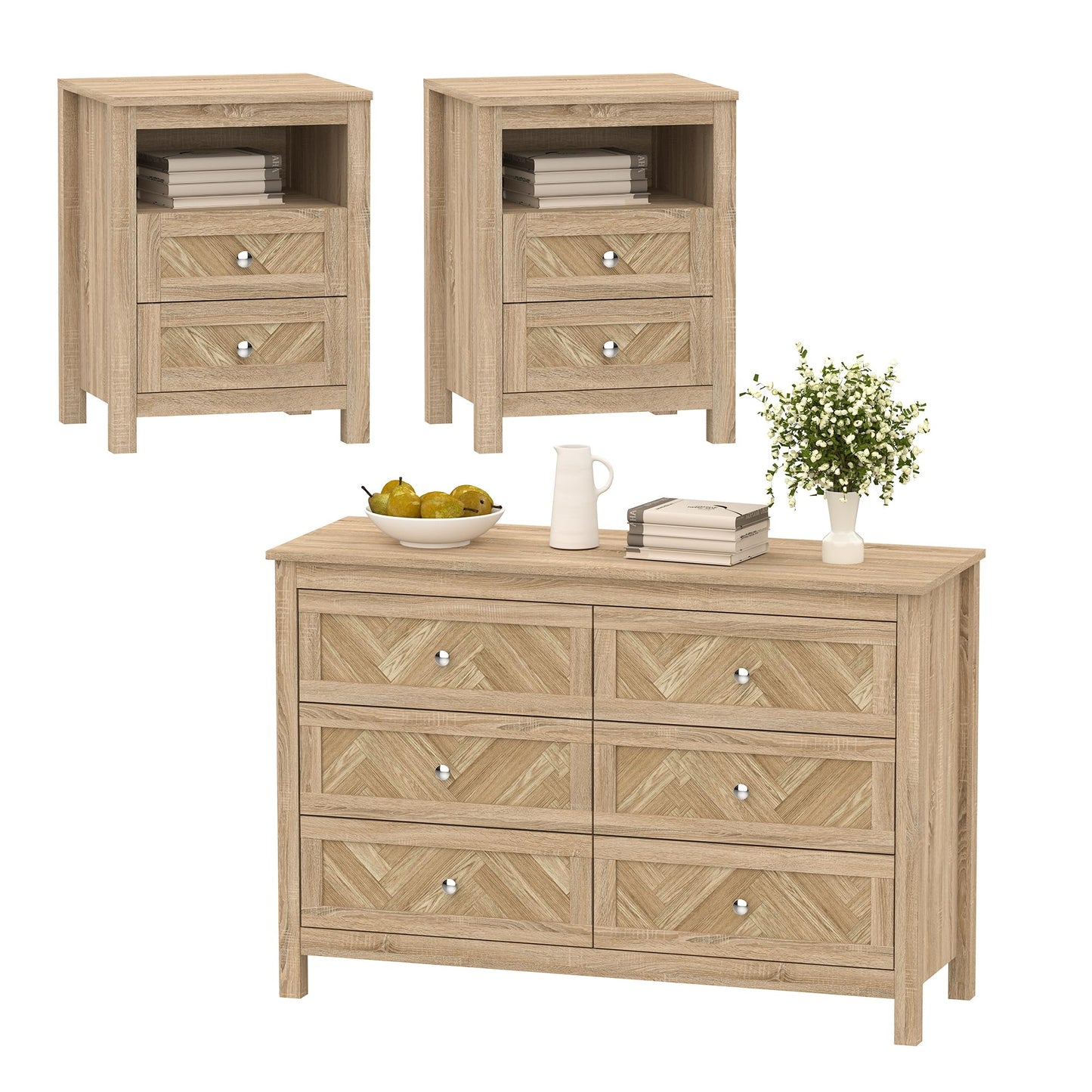 HXZDZ 3 Pieces Bedroom Set with 6 Drawer Dresser and 2 Drawer Nightstands, Wooden Dresser and Nightstands for Bedroom, Natural Wood Grain