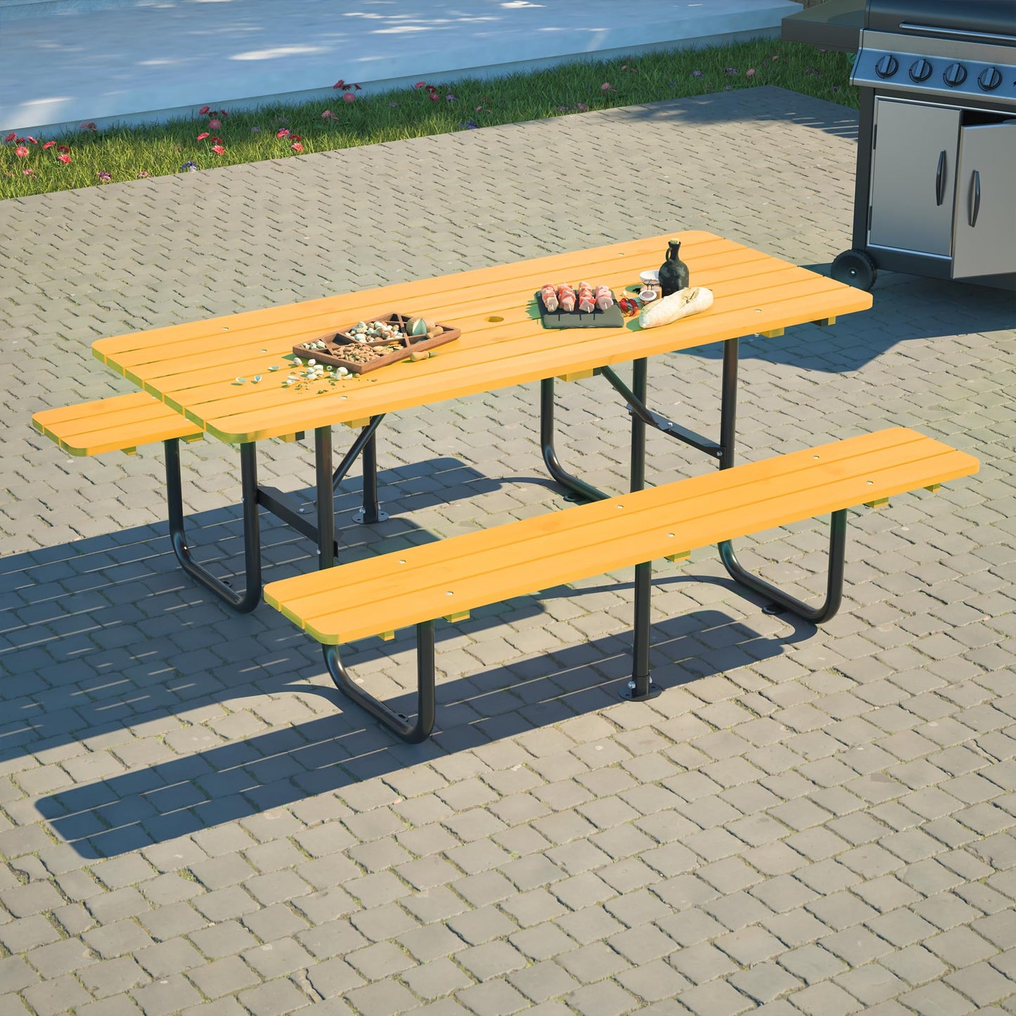 Outdoor Picnic Table with Benches, 6 - Person Picnic Table, Wooden Patio Dining Set, 1.97'' Umbrella Hole, Waterproof and Rounded Corners Design for Backyard, Garden, Park, Restaurant, Picnic, Yellow