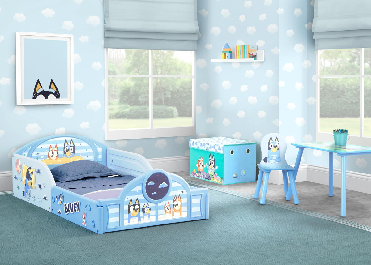 Delta Children - Bluey 4-Piece Toddler Room-in-a-Box Set – Includes Sleep and Play Toddler Bed, Table, 1 Chair and Fabric Toy Box, Blue