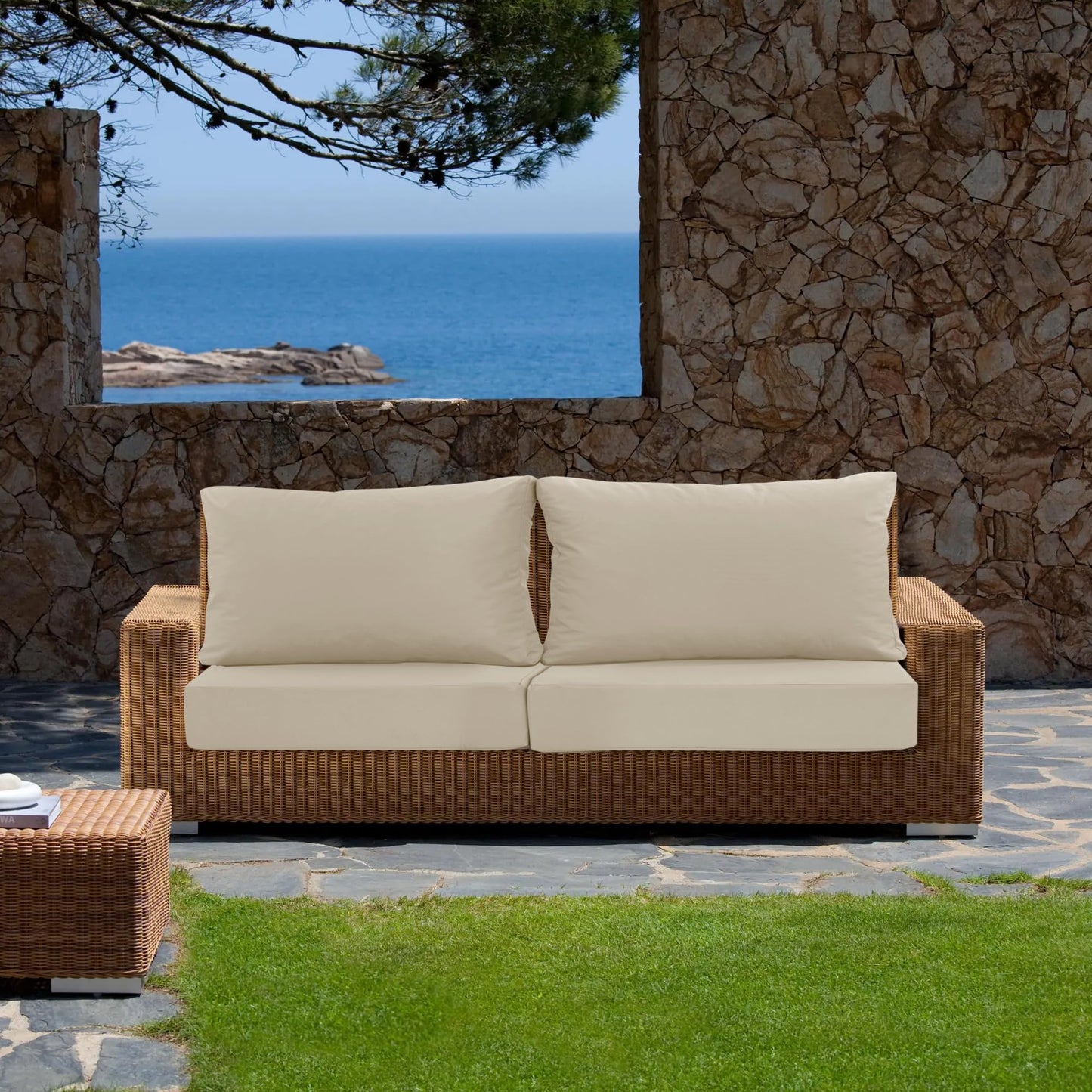Summsun Patio Furniture Cushions Replacement Set of 2, Outdoor Deep Seat Couch Cushion and Backrest Pillow with Waterproof Removable Cover for Sectional Sofa Set, 25.6 x 25.6 Inch, Cream