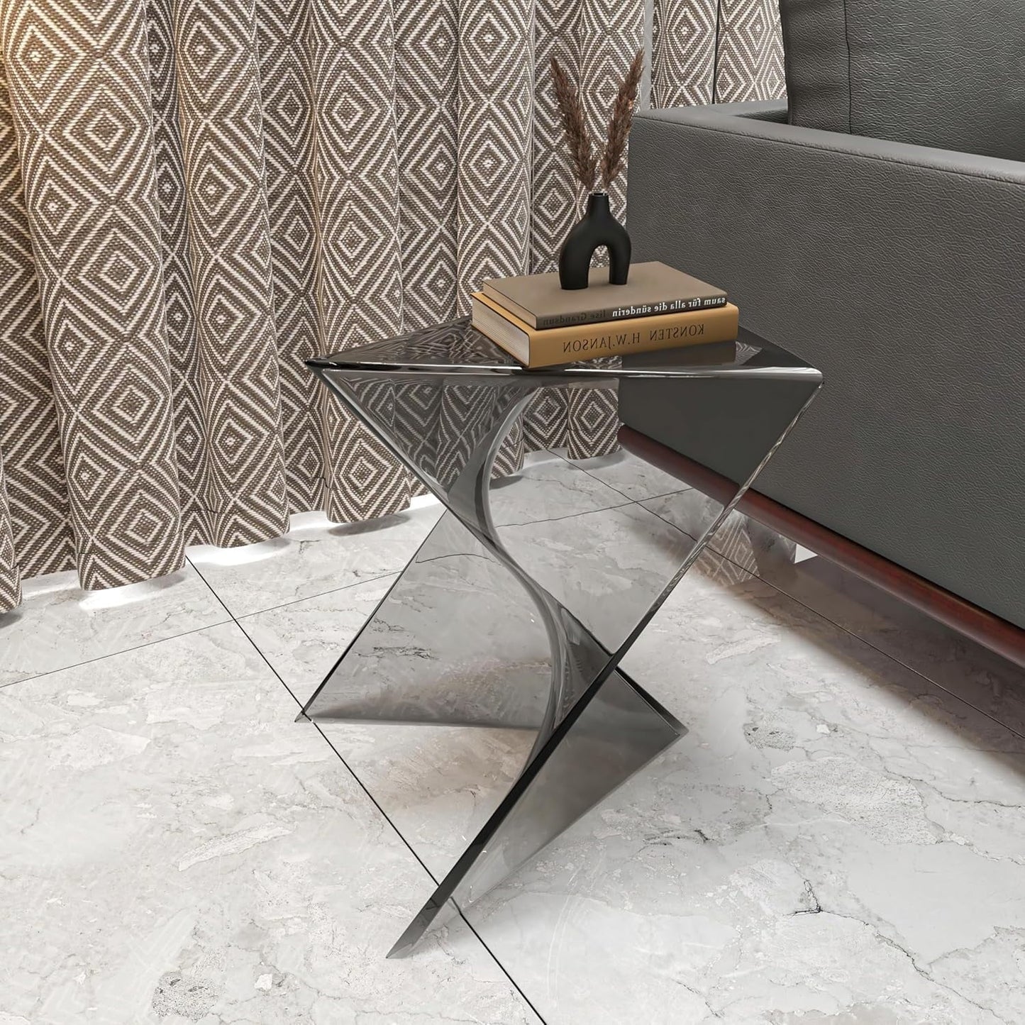 LeisureMod 17" Smoke Stackable Side Table - Modern Triangular Accent End Table for Indoor & Outdoor Use, Weather-Resistant Plastic Design for Living Room, Backyard, or Lawn