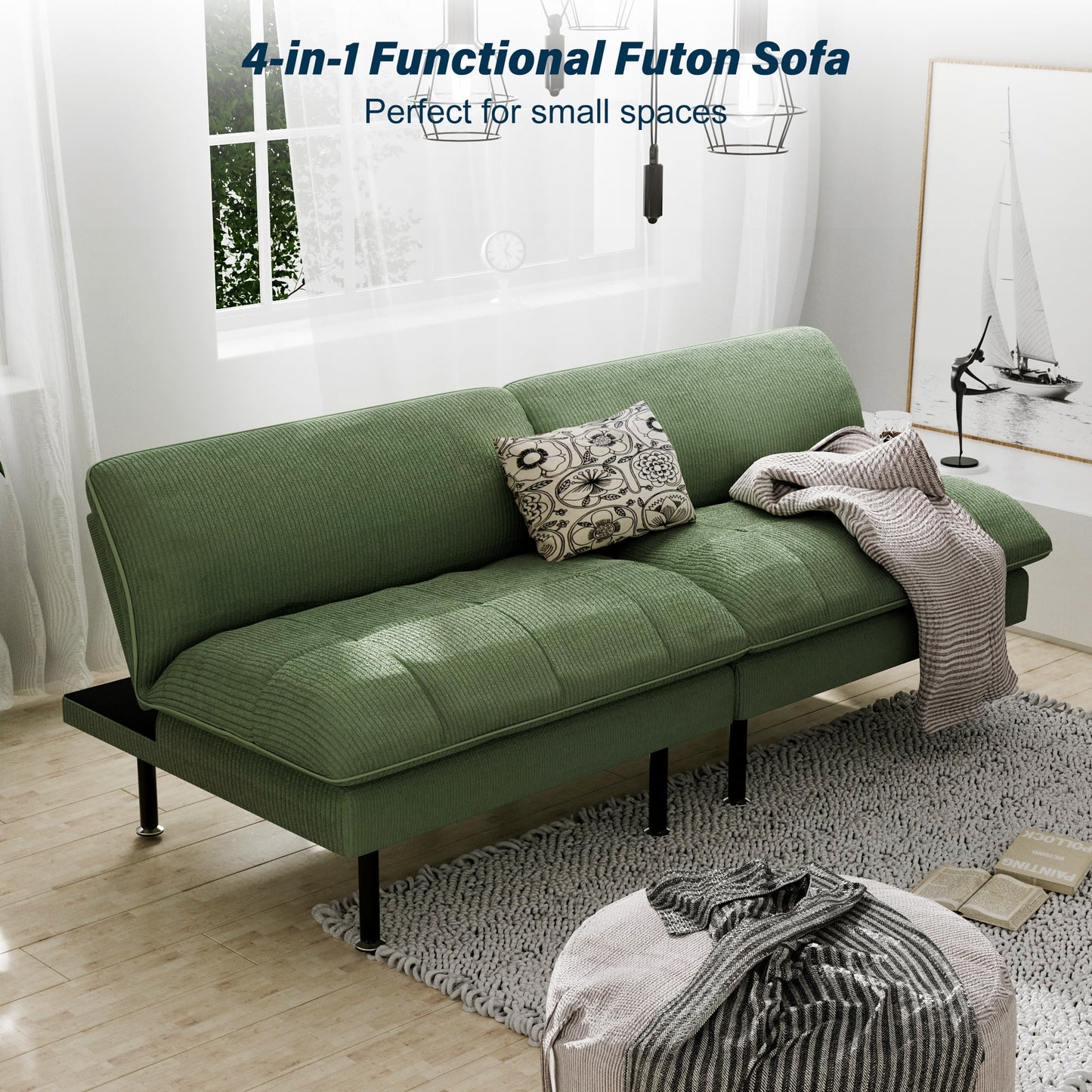 Ribilake 70" Futon Sofa Bed, 4 in 1 Multi-Function Couch Sleeper with Adjustable Backrest, Modern Convertible Futon, Recliner Small Loveseat for Living Room, Dorm, Green