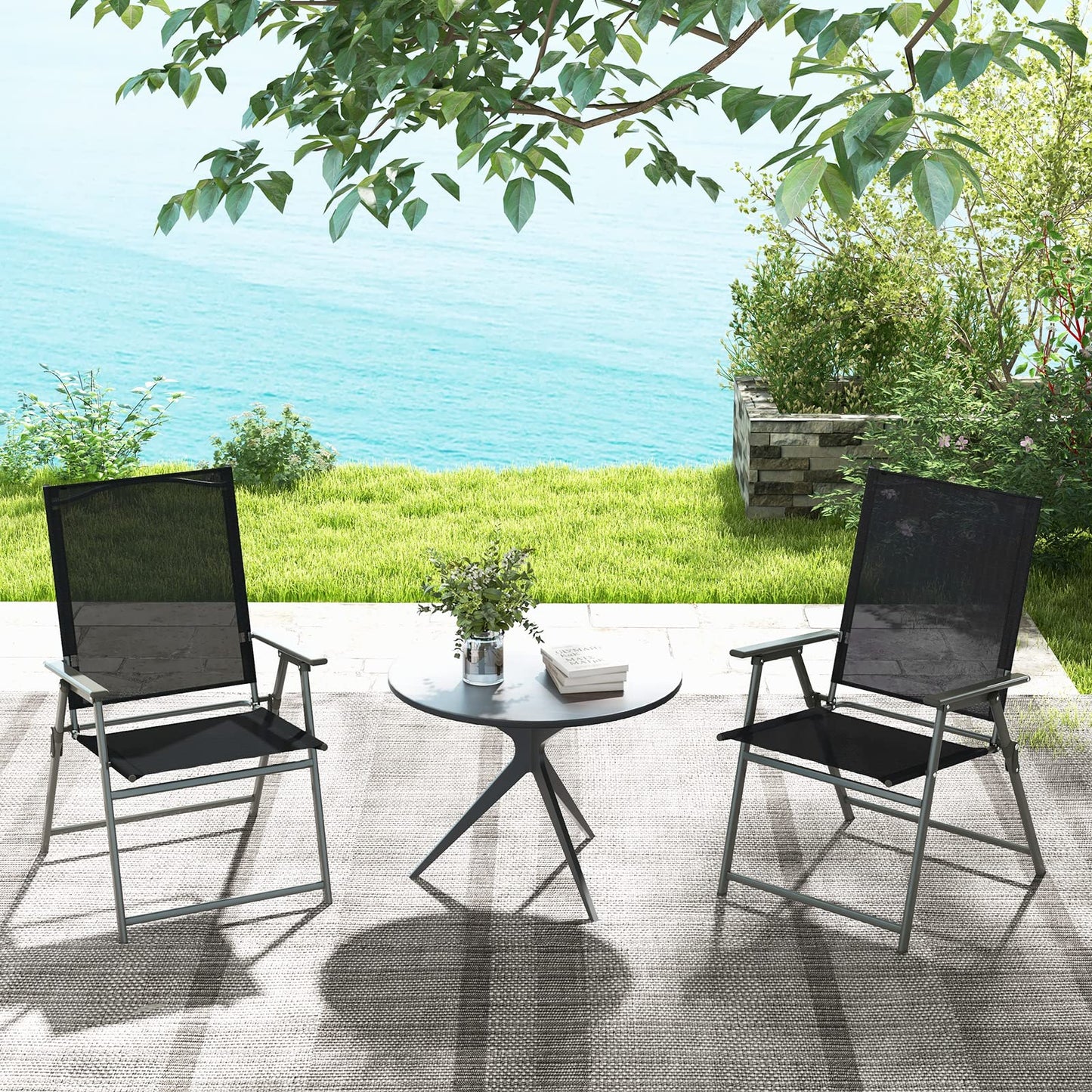 Tangkula Set of 4 Patio Folding Chairs, High Back Dining Chairs with Weather-Resistant Fabric, No Assembly, Outdoor Portable Metal Lawn Chairs with Armrests & Footrest for Garden