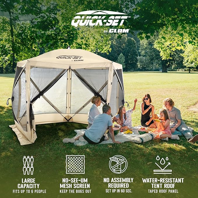 CLAM Quick Set Venture 9 x 9 Ft Portable Outdoor Camping Canopy Shelter, Tan + Clam Quick-Set Screen Hub Tent, Accessory Only, Tan (2 Pack)