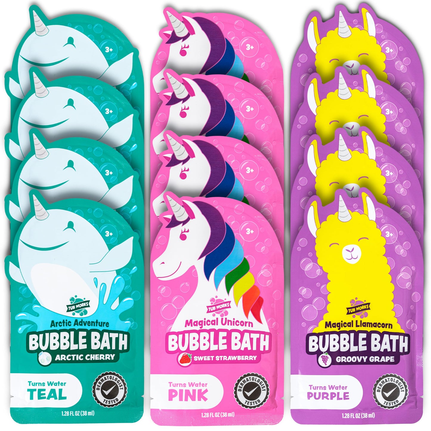 Tub Works® Magical Kids Bubble Bath, Variety 12 Pack | Creates Colorful Water & Tons of Foam Bath Bubbles | Nontoxic | Character-Themed Bubble Bath for Kids | Pink, Purple & Teal Bath Colors