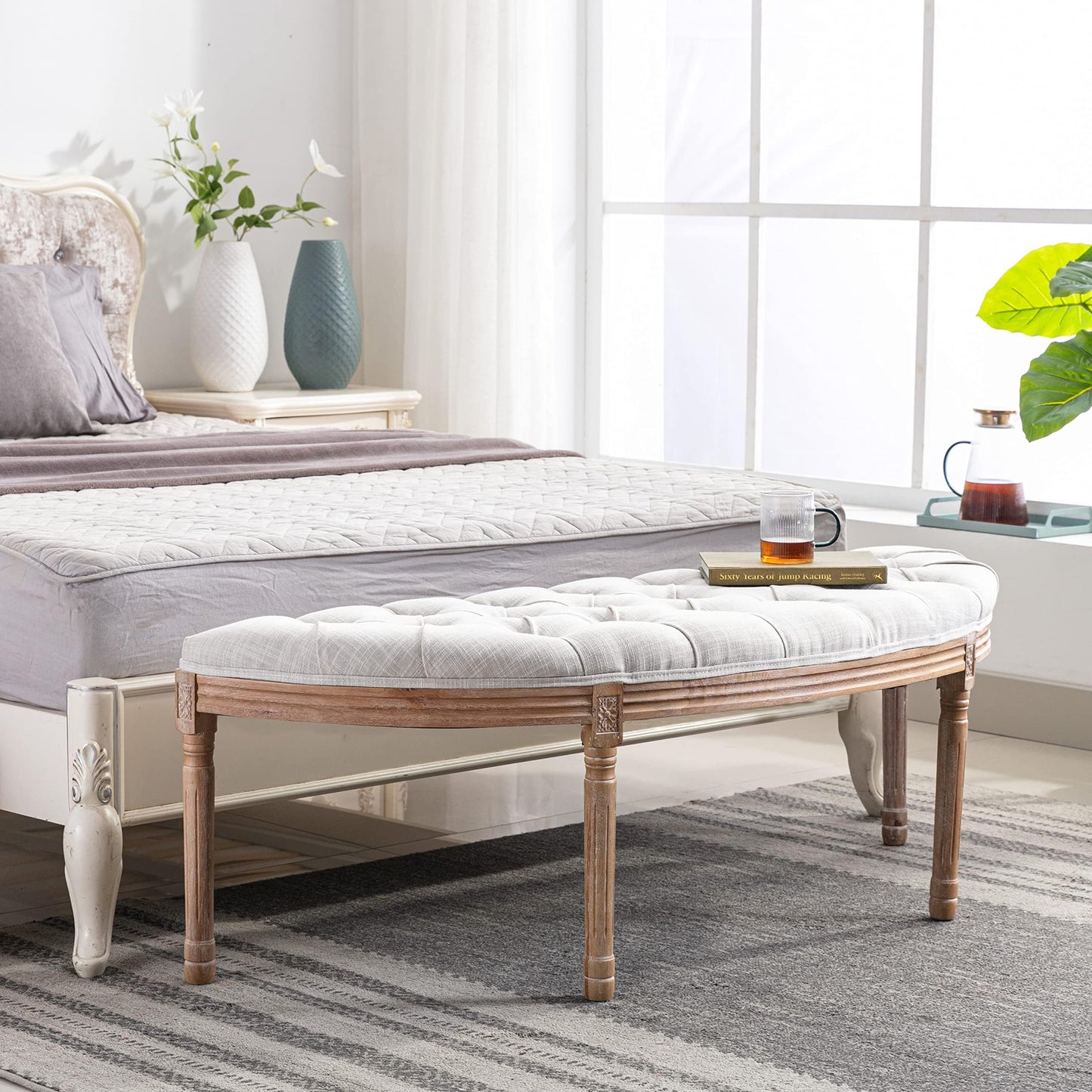 chairus Linen Halfmoon Entryway Bench 55" Button Tufted Semi-Circle Ottoman Comfy Upholstered Seat for Bedroom/End of Bed/Mudroom/Indoor, Beige