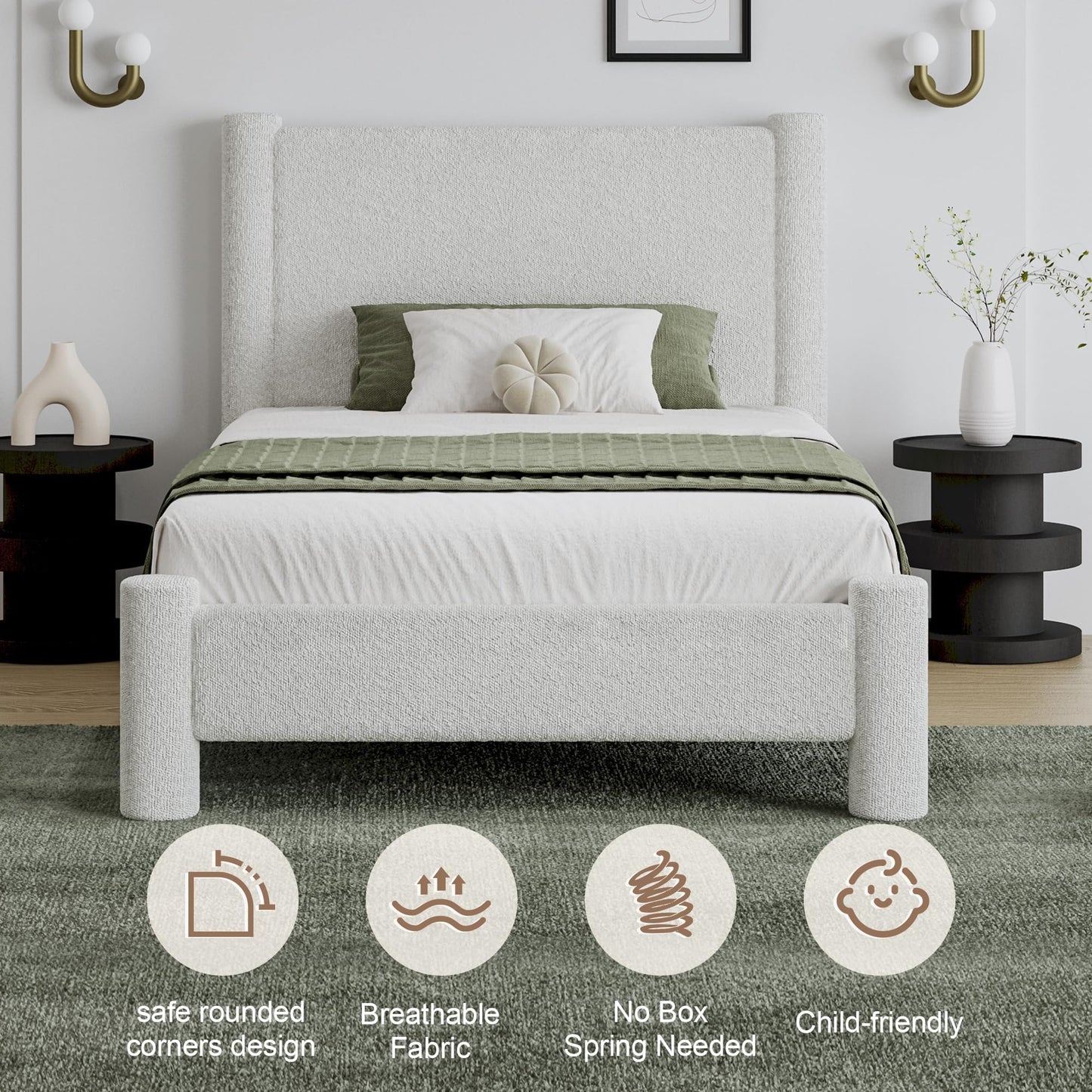 Twin Size Bed Frame, Boucle Upholstered Platform Bed with Headboard and Footboard, Soft Rounded Corners, No Box Spring Required, Easy Assembly, White