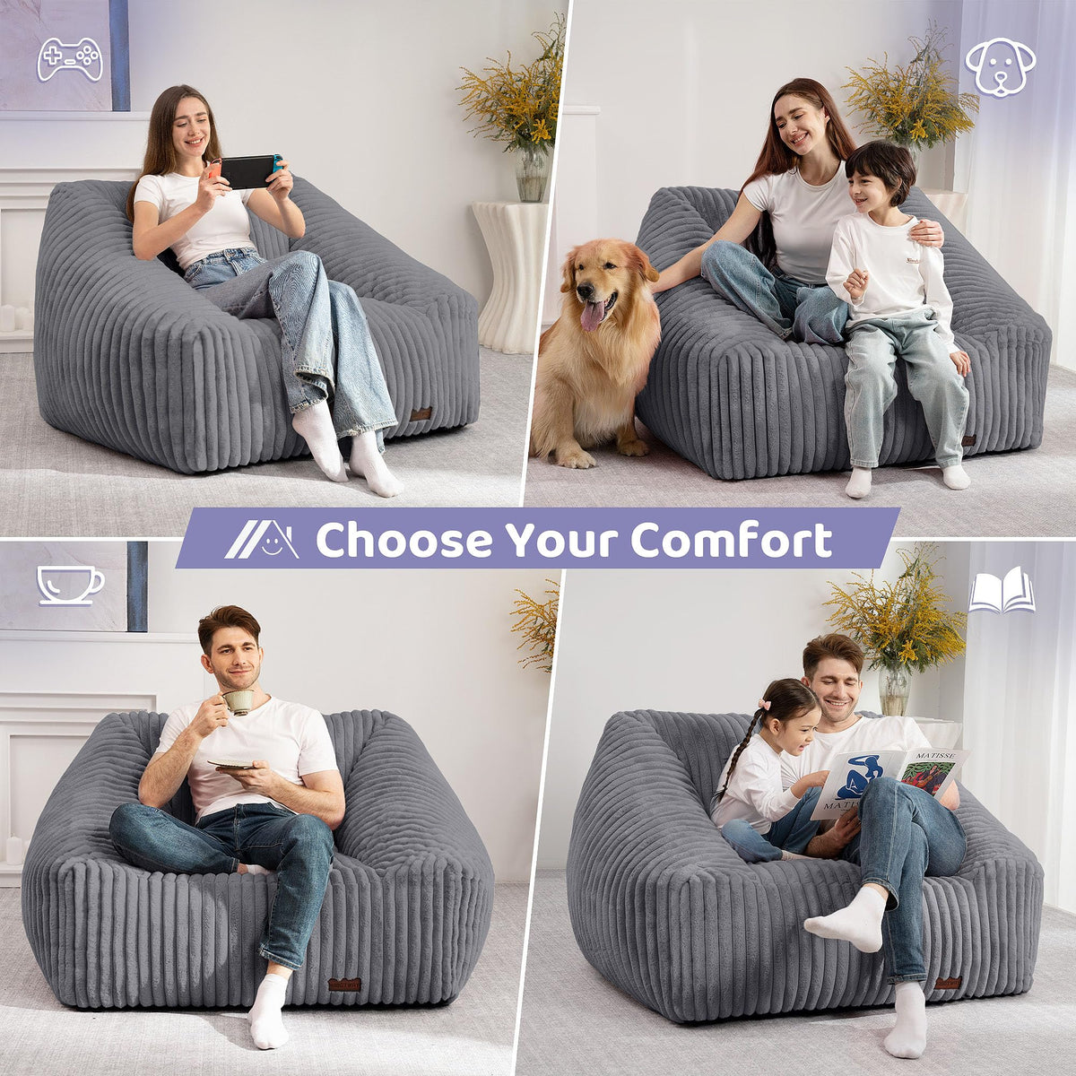 HABUTWAY Bean Bag Chair, Giant Bean Bag Chairs for Adults and Kids, Bean Bag Sofa, Lazy Floor Sofa, Faux Fur Beanbag Chair with Armrests for Living Room Bedroom (Grey)