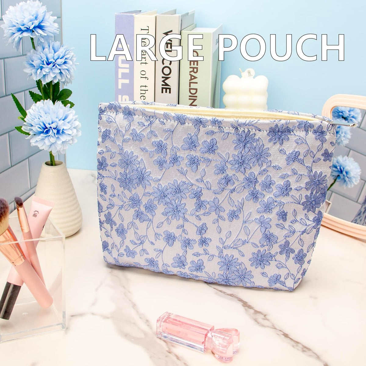 PAZIMIIK Makeup Bag Large Cotton Zipper Pouch for Purse Travel Canvas Make Up Organizer for Women Cosmetic,Brocade Silver