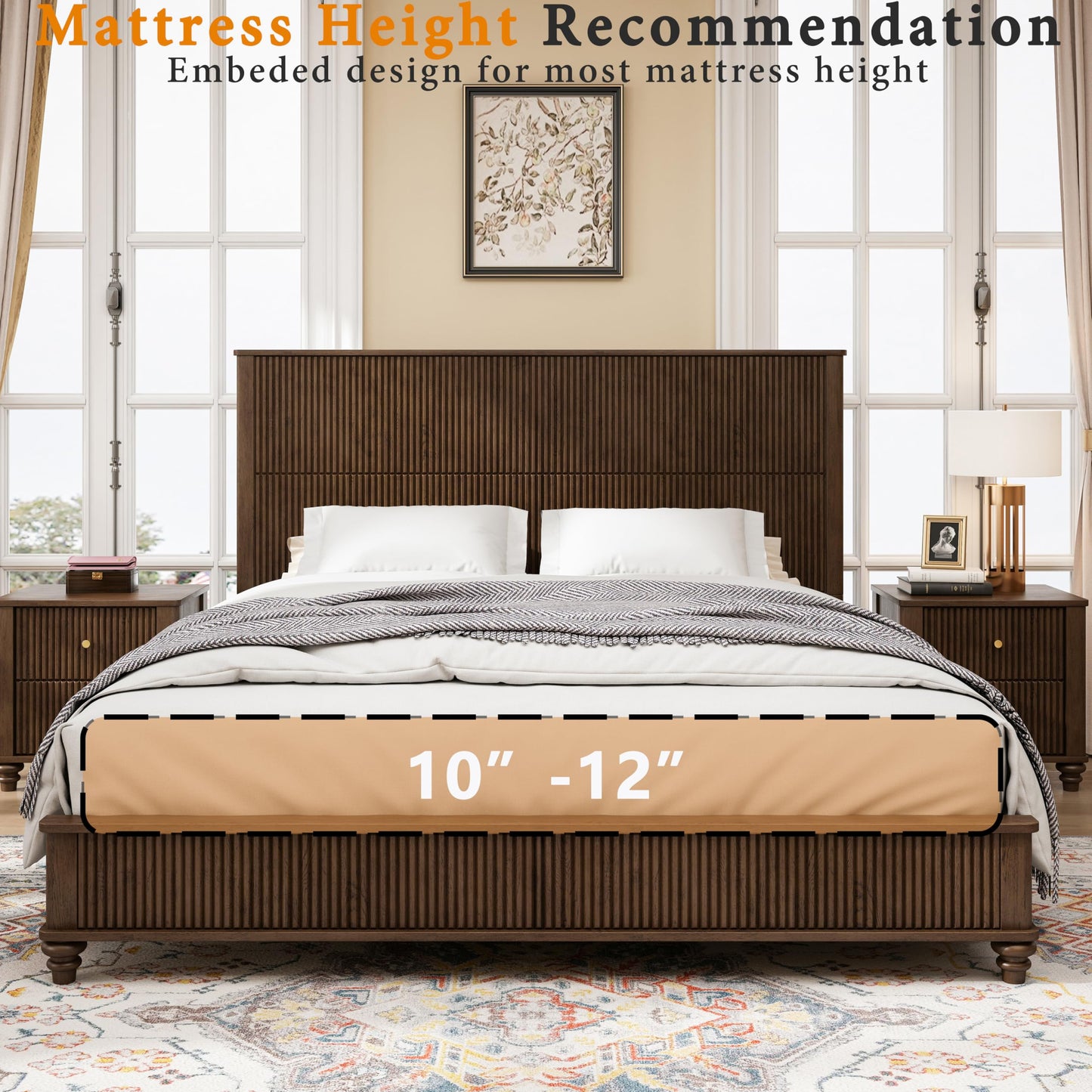 SABAITEC King Size Solid Wood Platform Bed Frame, Solid Wood Bed with 79.13" Headboard, Solid Wood Leg/No Box Spring Needed/Noise Free/Brown