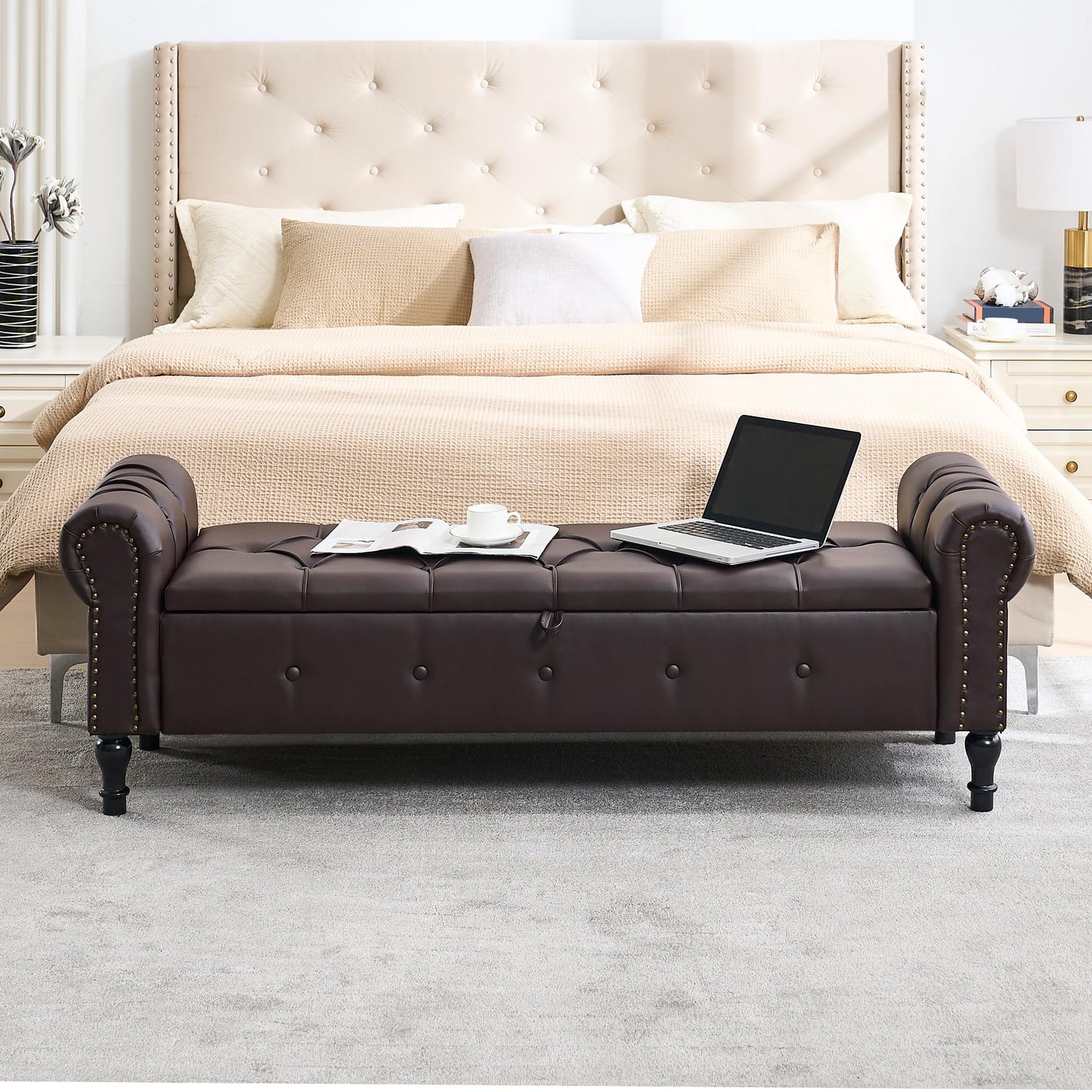HOMYKA Storage Bench for Bedroom, 67" End of Bed Bench, Faux Leather King Size Bench with Rolled Arms, Tufted Button Ottoman Benches, Upholstered Bench for Bedroom, Living Room, Entryway, Dark Brown