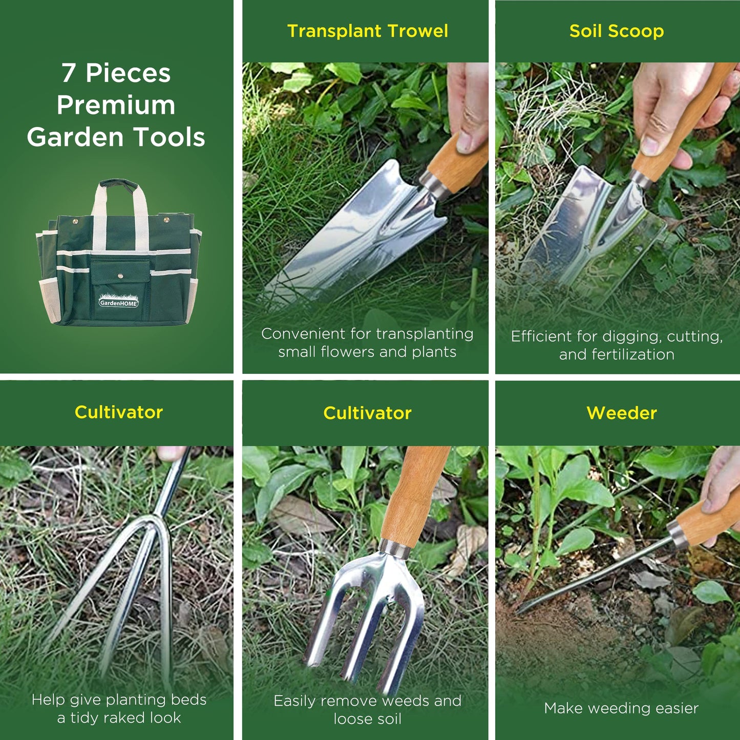 GardenHOME 7-Piece Gardening Tool Set – Stainless Steel Tools with Wooden Handles, Folding Stool, and Canvas Tote Bag, Green and White – Ideal for Gardeners, Men, and Enthusiasts