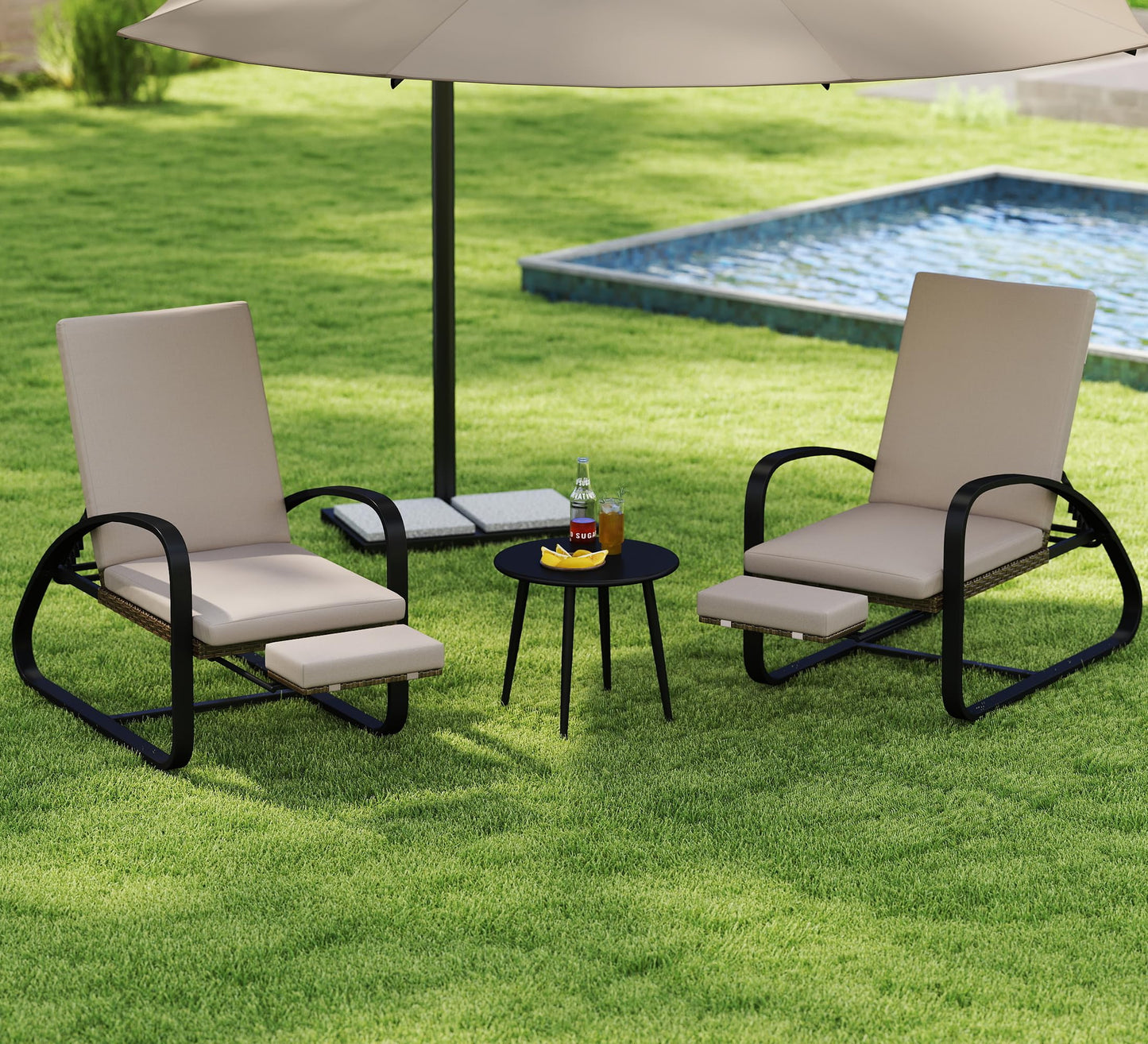DAYARUS 3 Piece Patio Furniture Set, Modern Patio Chaise Lounge Chairs, 5-Position Adjustable Bistro Set Balcony Furniture, Metal Patio Chairs with Coffee Table, Pool Lounge Chair for Deck, Khaki
