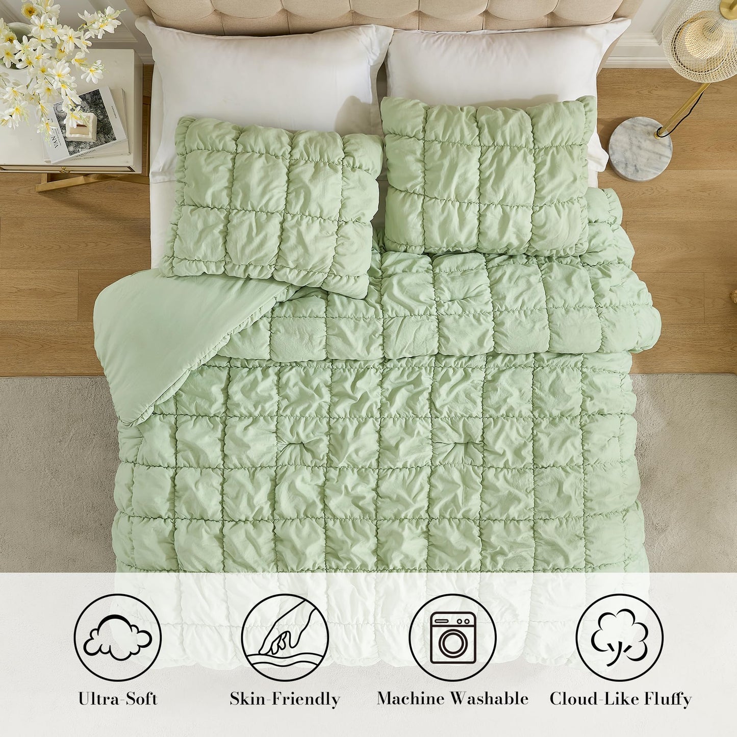 Amélie Home Sage Green Comforter Set Queen, Bubble Lightweight Bed Set Queen Size for All Seasons, 3 Pieces, Bedding Set with Comforters and Pillow Cases