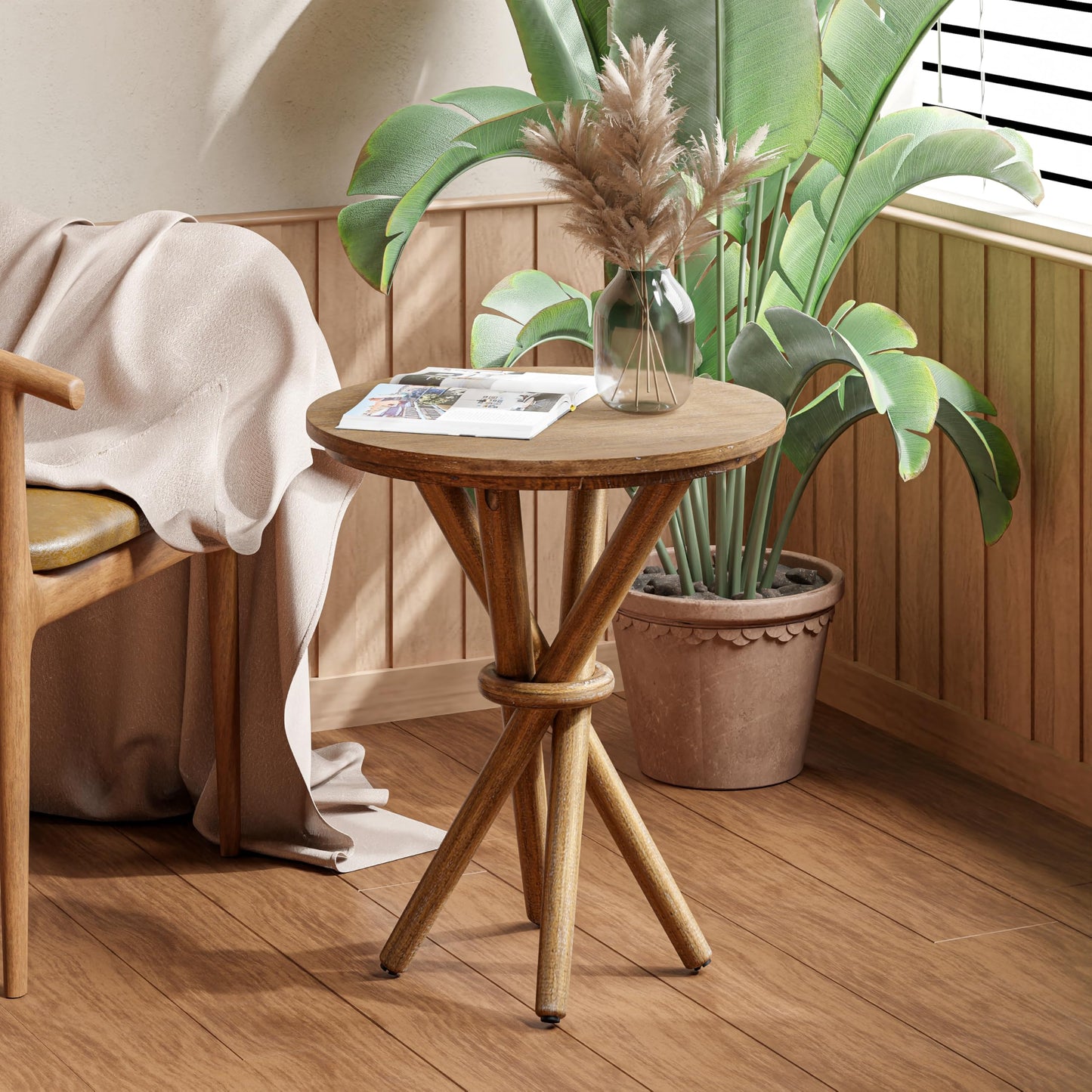 COZAYH Round Wood End Table Farmhouse Wooden Side Table Rustic Plant Stand with Bundled Legs for Living Room, Office, Walnut