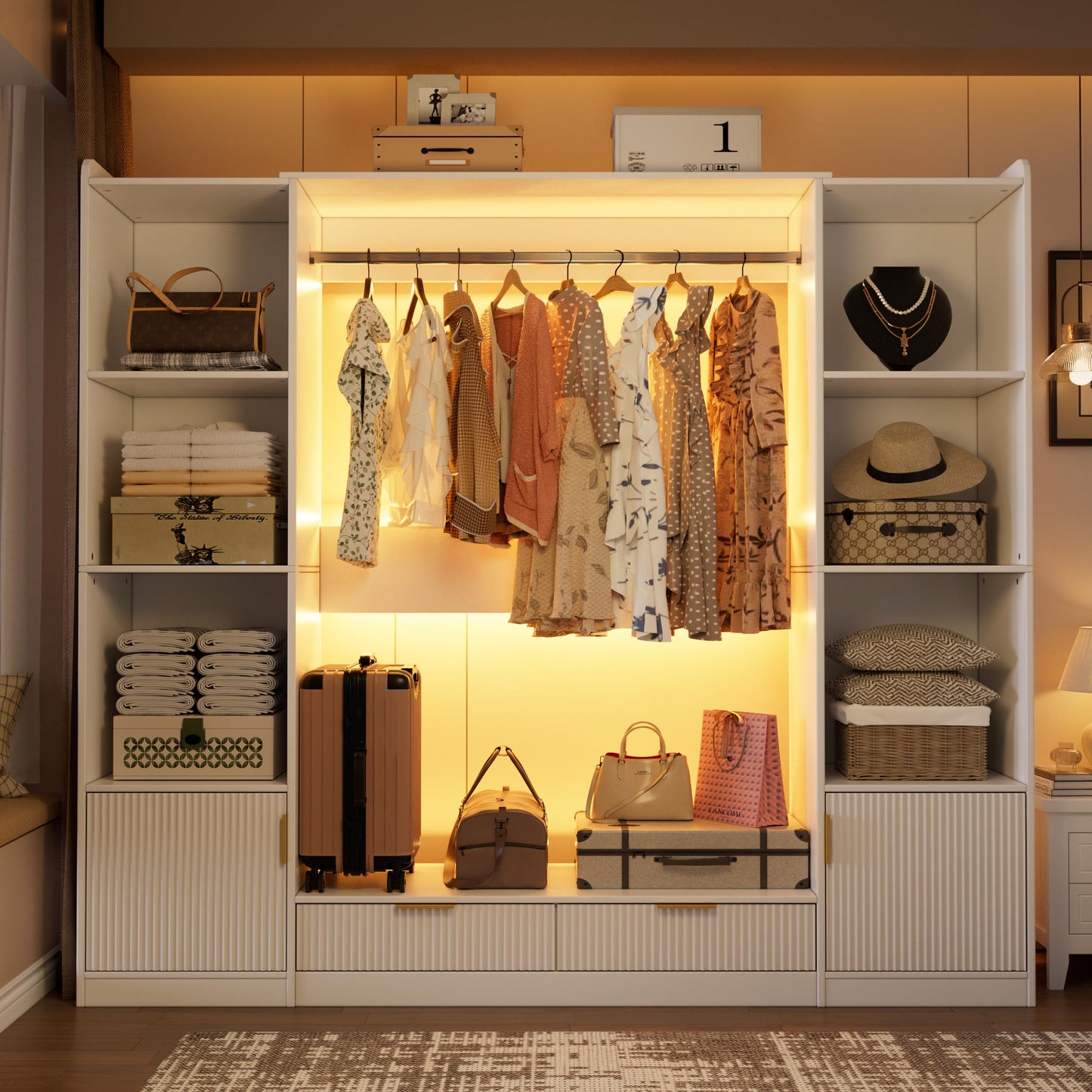 PAKASEPT Freestanding Closet System, 64.9" Stand-Alone Wardrobe with 6 Display Storage Cabinet & Hanging Rods & 2 Wood Drawers, Cloth Garment Rack with Multi Color Light, Walk-in Closet, White