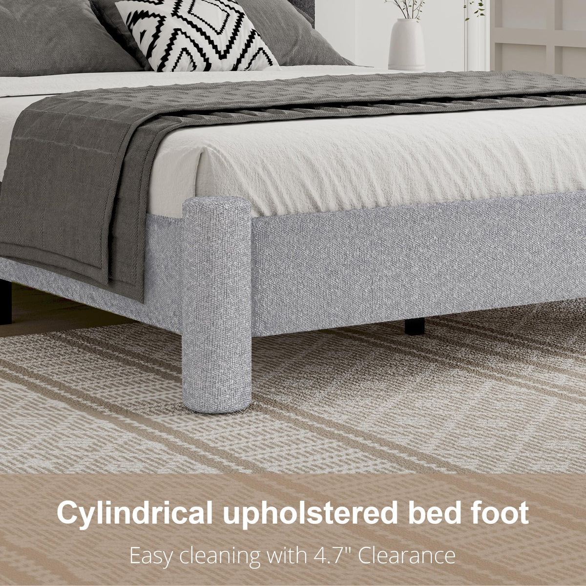 REVOMINCA Twin Size Bed Frame, Boucle Upholstered Platform Bed with Headboard and Footboard, Soft Rounded Corners, No Box Spring Required, Easy Assembly, Light Grey