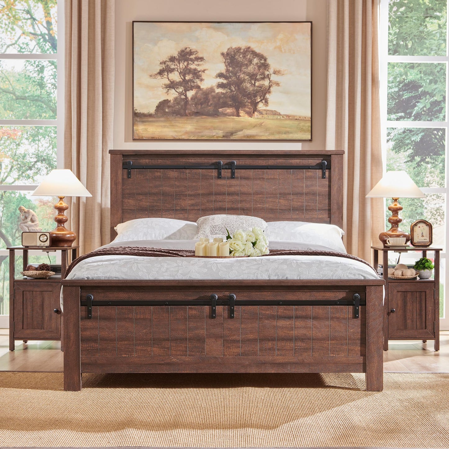 IFBUY Farmhouse Nightstands Set of 2, Narrow Bedside Table with Charging Station, Night Stand Set 2 with Storage & Open Shelf, End Tables w/Groove Barn Door for Bedroom, Living Room, Brown