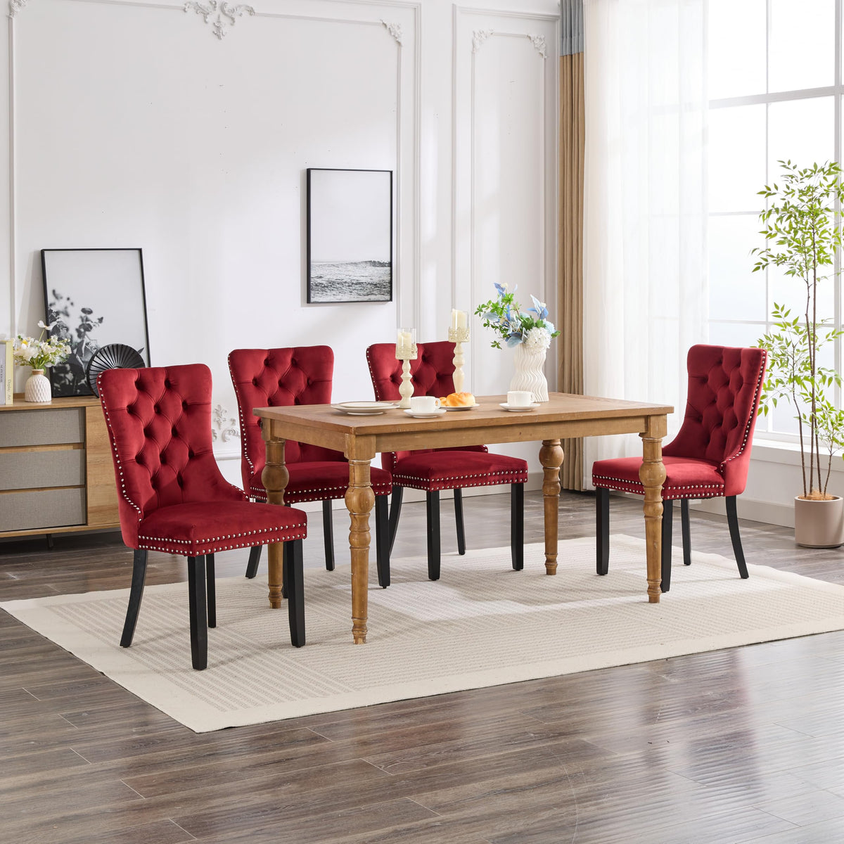 LKTART Dining Chairs Set of 6 Velvet Upholstered Tufted Back with Nailhead Trim and Back Ring Pull Solid Wood Legs for Kitchen Bedroom Dining Room Burgundy Red