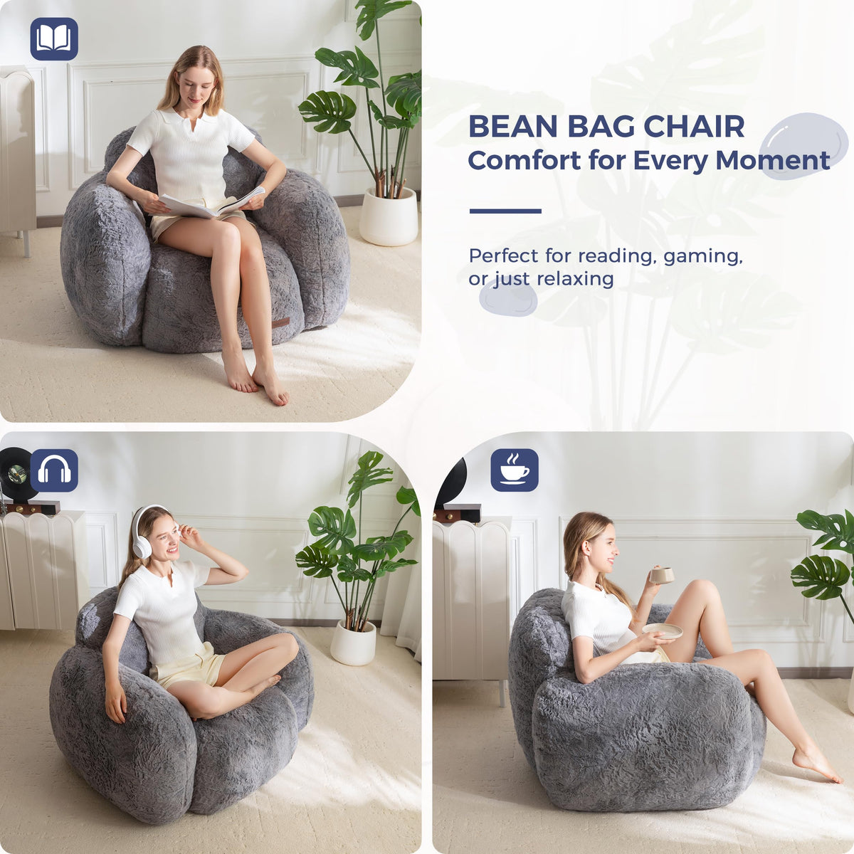 MAXYOYO Bean Bag Chair, Comfy Pebble Shaped Single Bean Bag Sofa for Adults, Stuffed Floor Sofa with Supportive Backrest & Armrests, Modern Faux Fur Accent Chair for Living Room & Bedroom, Grey