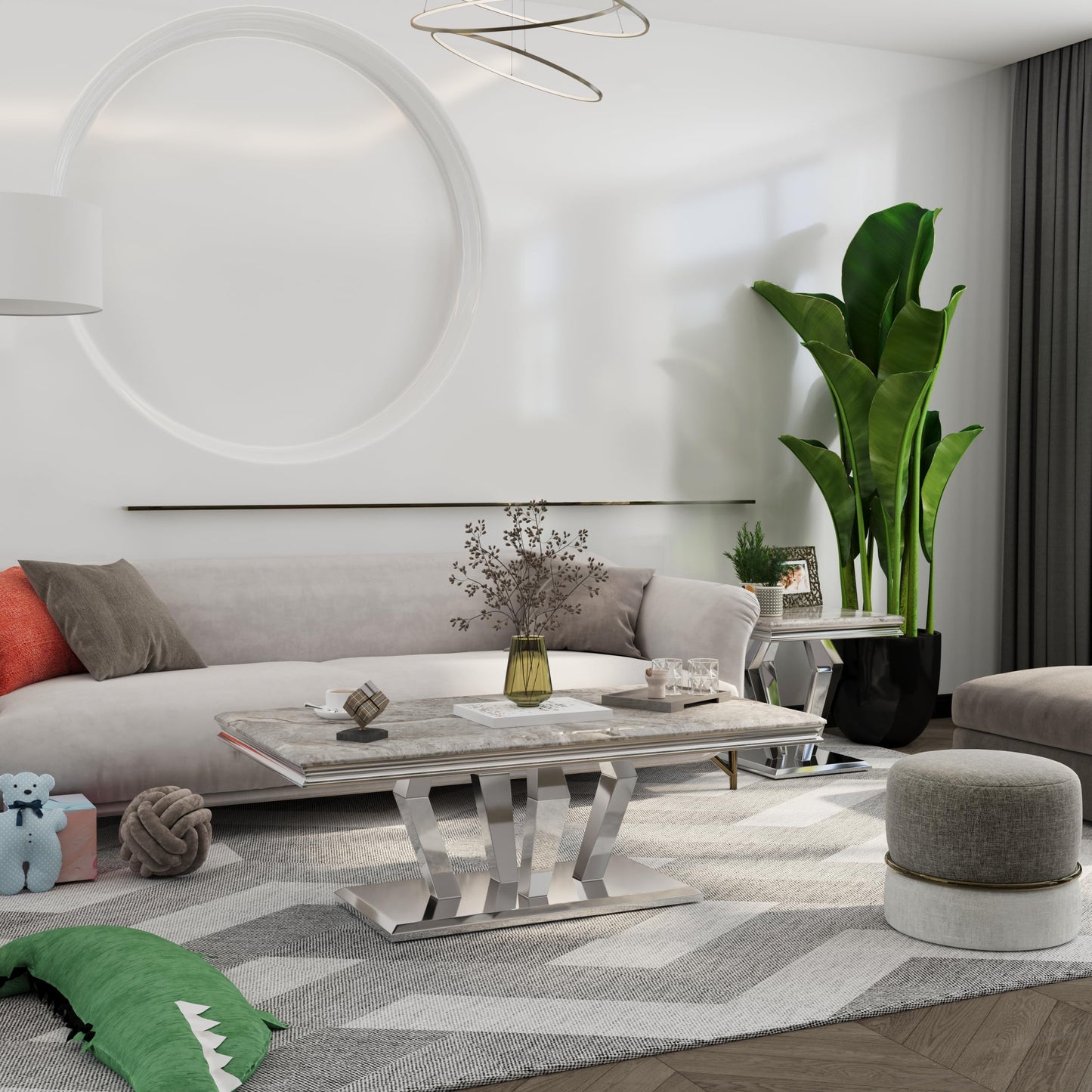 ACEDÉCOR Coffee Table, Silver Coffee Table with Four Geometric Mirror Bases, Rectangular CoffeeTable with Sturdy Metal Frame,48 inches Modern Coffee Table for Living Room, Office, Reception Room