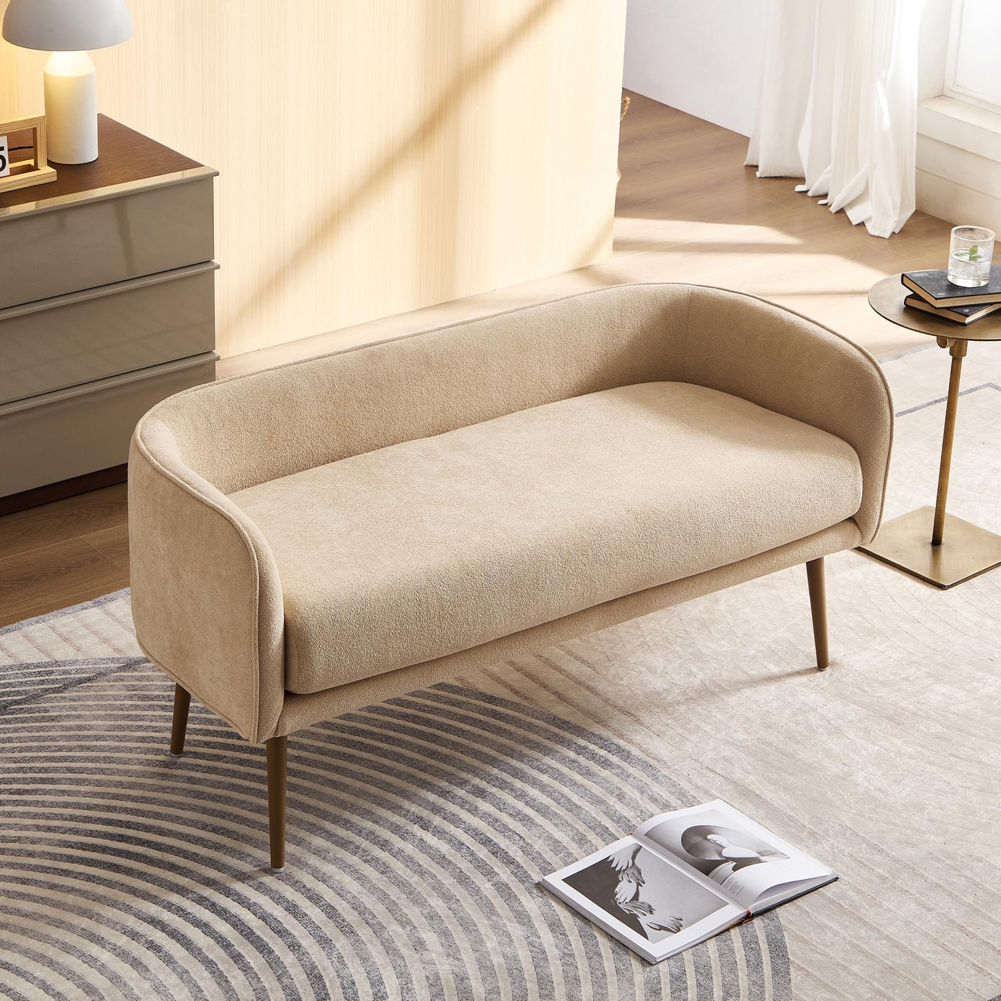Forshare Bedroom Bench with Low Back,Inside Metal Frame (Beige)