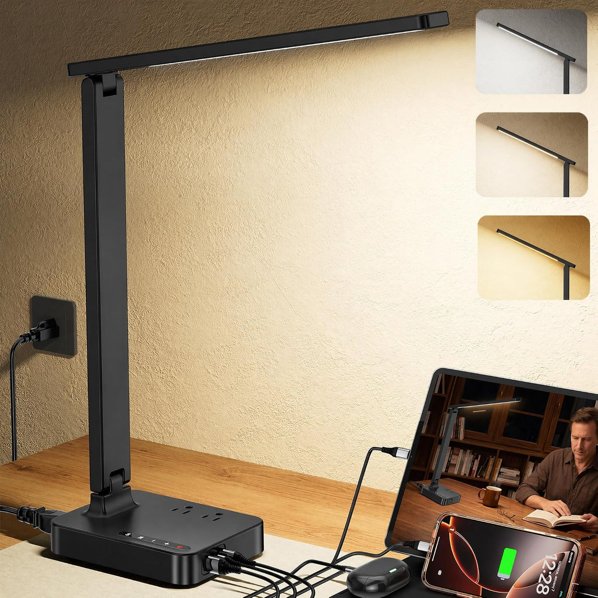 cozoo LED Desk Lamp for Dorm Office, USB-C,AC Outlet, Reading Light, Black