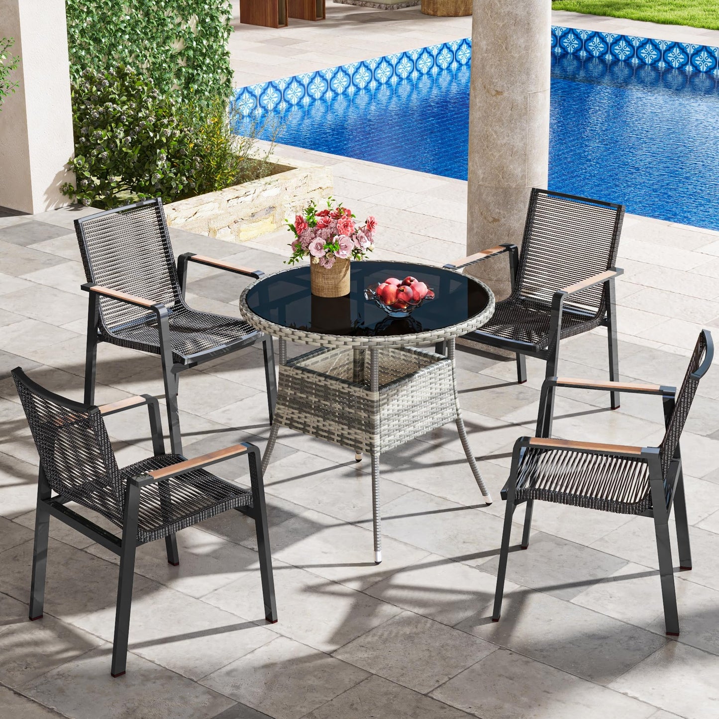 YITAHOME 31.5" Patio Table for 4-Person, Outdoor Patio Wicker Round Dining Table, All-Weather Rattan Bistro Dining Table w/Glass Tabletop for Backyard Deck Porch Poolside, Gray