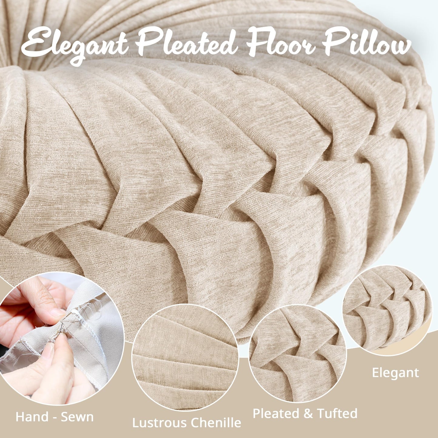 Intelligent Design Loretta Chenille Round Floor Pillow Meditation Cushion, Soft Color & Natural Luster Button Tufted with Elegant Pleated Details, Dia 22"x6"H, Ivory