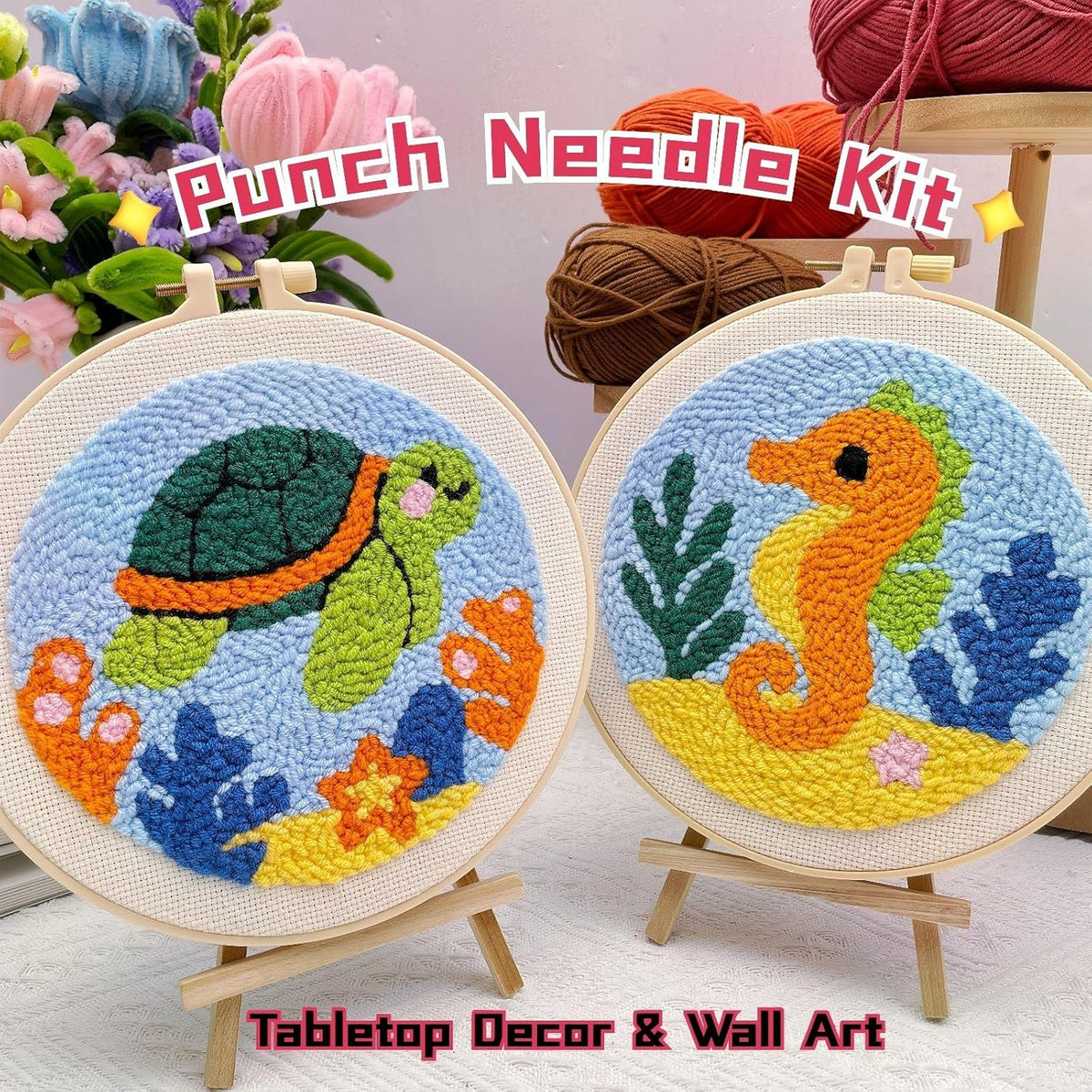Punch Needle Kit for Beginner, 2-Pcs Punch Embroidery Starter Kit– Easy Adult Stitch Set with Instructions – Fun DIY Needle Point Craft for Home Art Decor & Gift Idea (Sea Turtle & Sea Horse)
