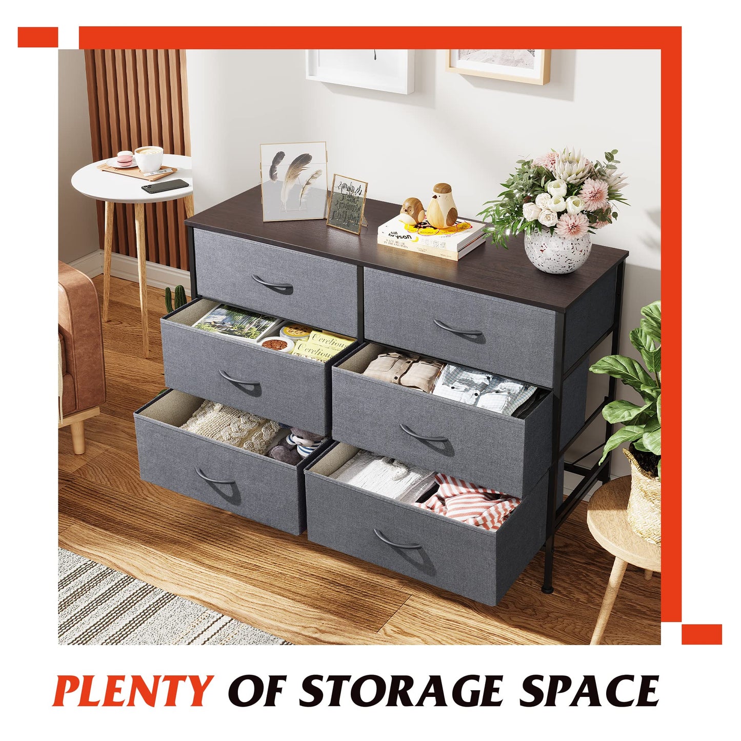 WLIVE Dresser for Bedroom with 6 Drawers, Wide Fabric Dresser TV Stand for 50 Inches TV with Metal Frame, Wooden Top, Fabric Storage Organizer for Livingroom, Hallway, Dark Gray