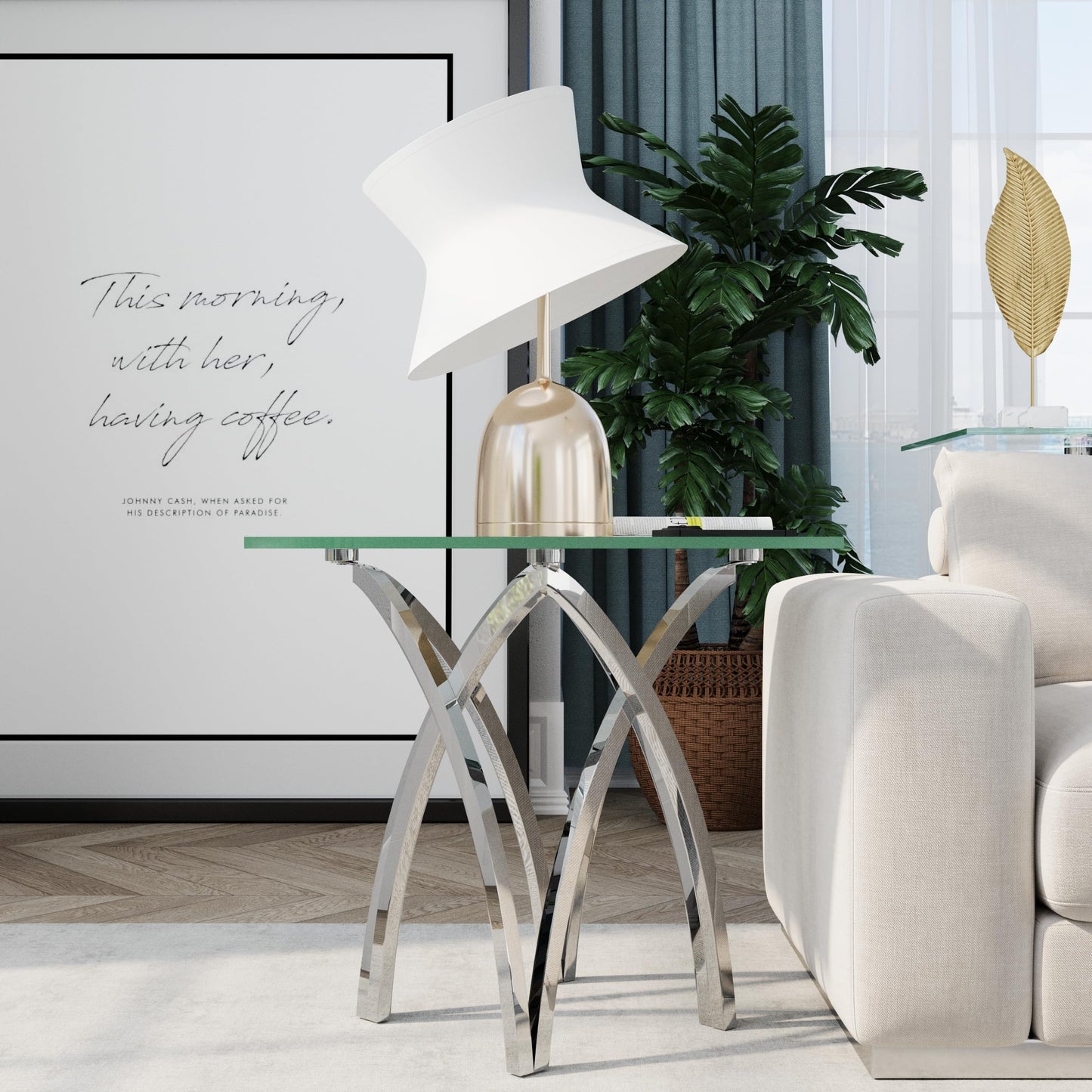 AUZ Glass End Table, 24" Square Side Table with Silver Crown Base for Home, Office