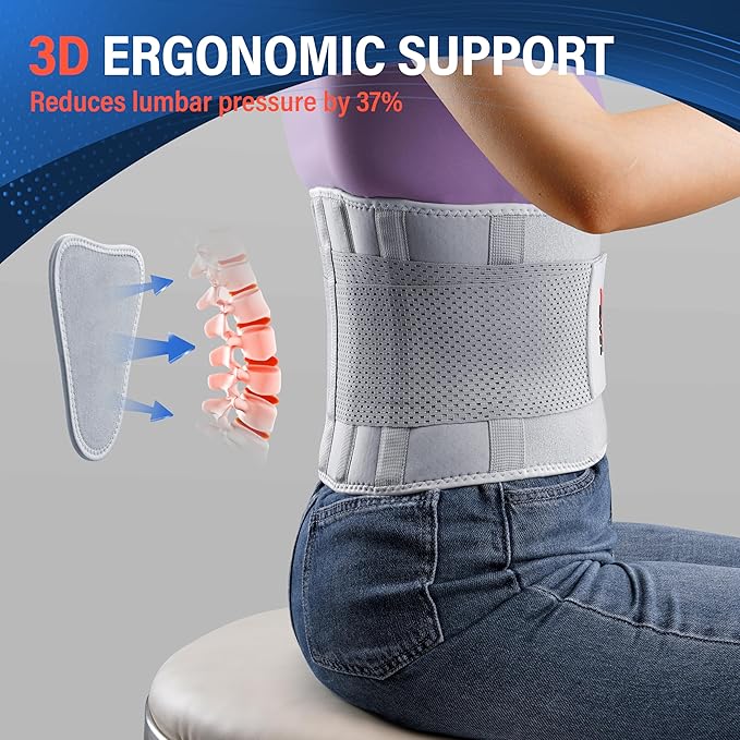 FEATOL Back Brace for Lower Back Pain Women, Breathable Back Support Belt for Women & Men with Lumbar Pad, Lumbar Support Belt for Heavy Lifting & Work, Scoliosis, Grey, 5XL (Circumference:68-74.8")