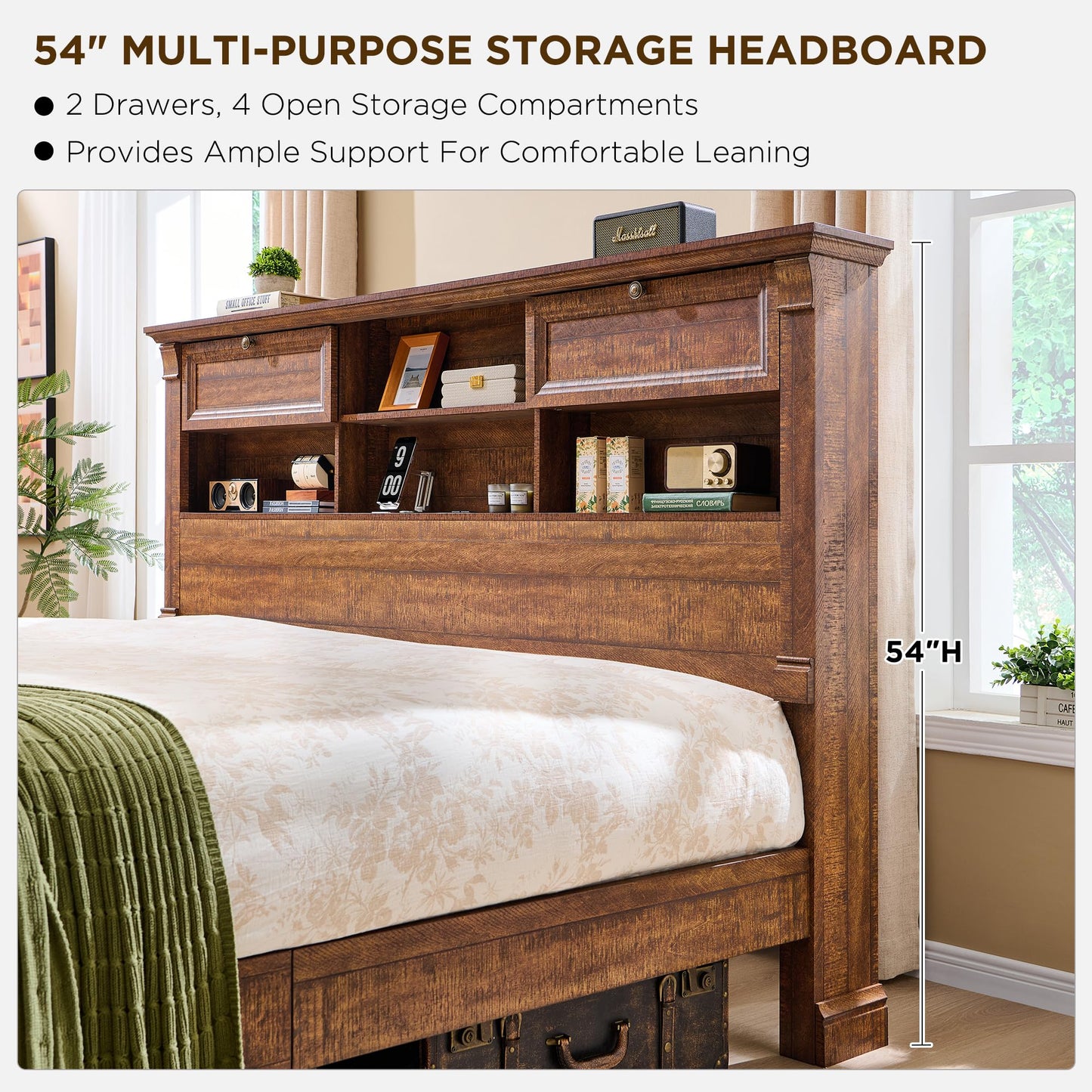 Farmhouse King Size Bed Frame with 54" Tall Headboard, Headboard with 4 Storage Rack, 2 Drawers, Wood Platform Bed Frame,18" Roman Column Decoration Footboard, No Box Spring Needed(Reclaimed Barnwood)