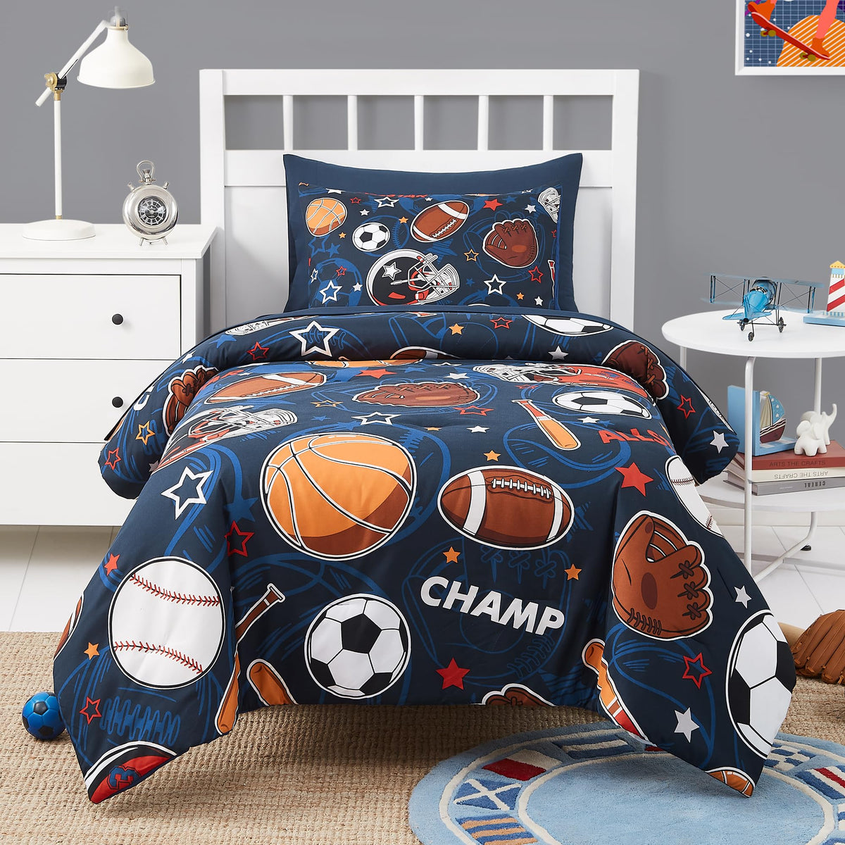 Kaleido Space Twin Kids Comforter Set - 5 Pieces Twin Bedding Sets for Boys Girls Teen, Glow in The Dark Sports Ball Games Bed in A Bag with Sheets