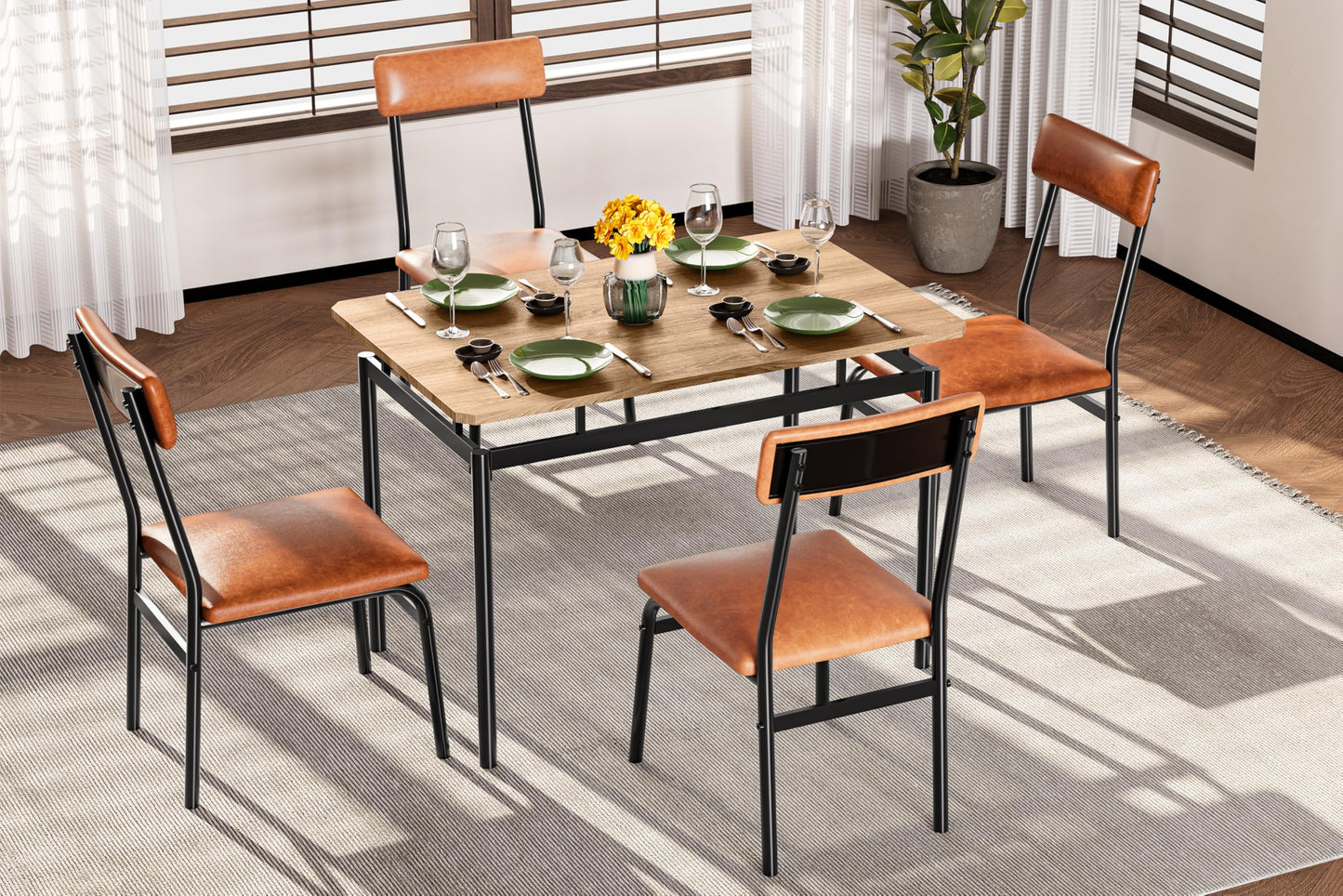 Garvee Dining Table Set for 4, 5 Piece Wooden Dining Room Table Set, 4 PU Upholstered Chair, Modern Metal Frame Dinette Set for Dining Room, Home Dinner, Party, Apartment, Brown