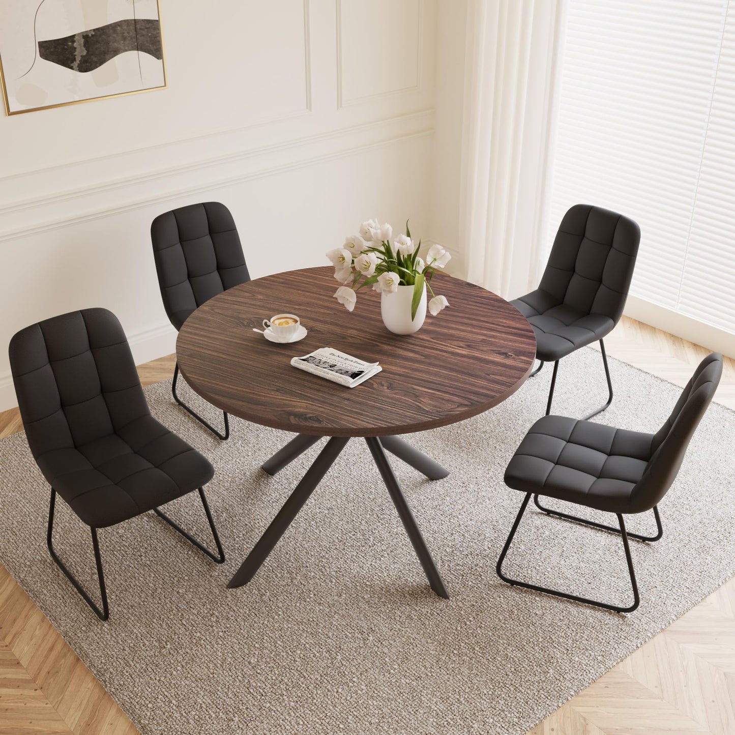 HIPIHOM 45.3 Inch Round Dining Table Set for 4, Mid Century Modern Small Coffee Set for Dining Room Kitchen Apartment (Walnut Table + 4 U-Shaped Black Chairs)