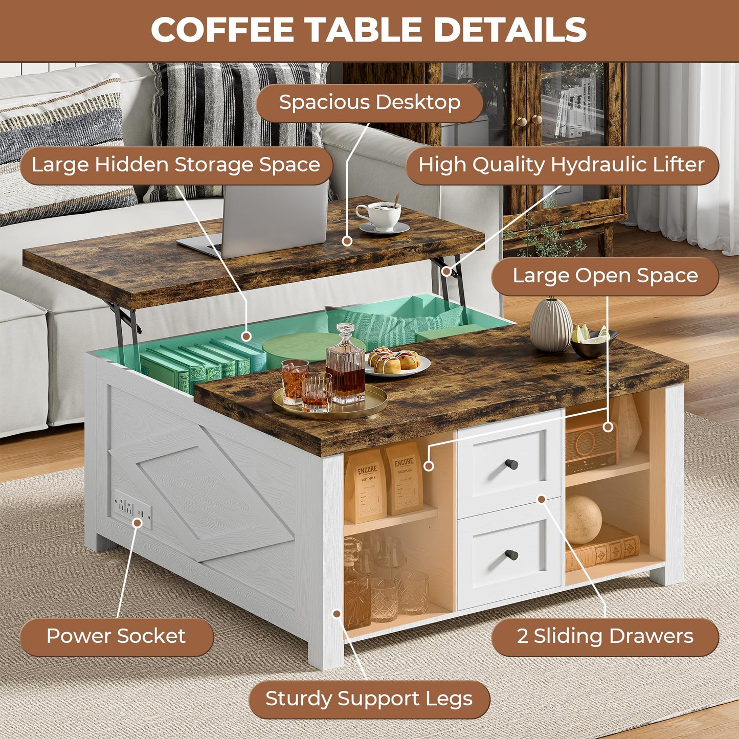 IRONCK Lift Top Coffee Table with Storage, Square Coffee Tables for Living Room with Charging Station and Drawers, Farmhouse Coffee Table with Large Storage Space, White