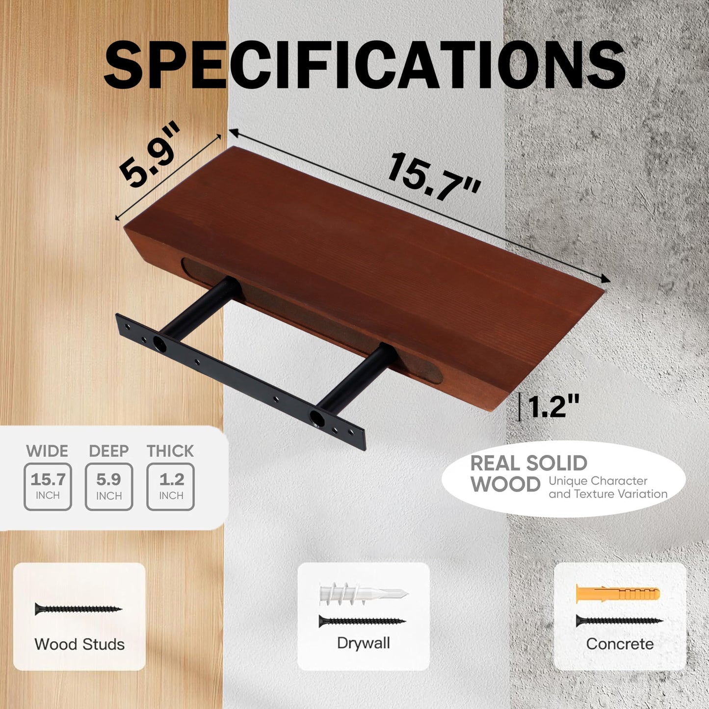 FANTERSI Floating Shelves for Wall Set of 3, Wall Shelves for Bedroom, Wood Shelves for Living Room, Bathroom, Room Decor (1, Brown)
